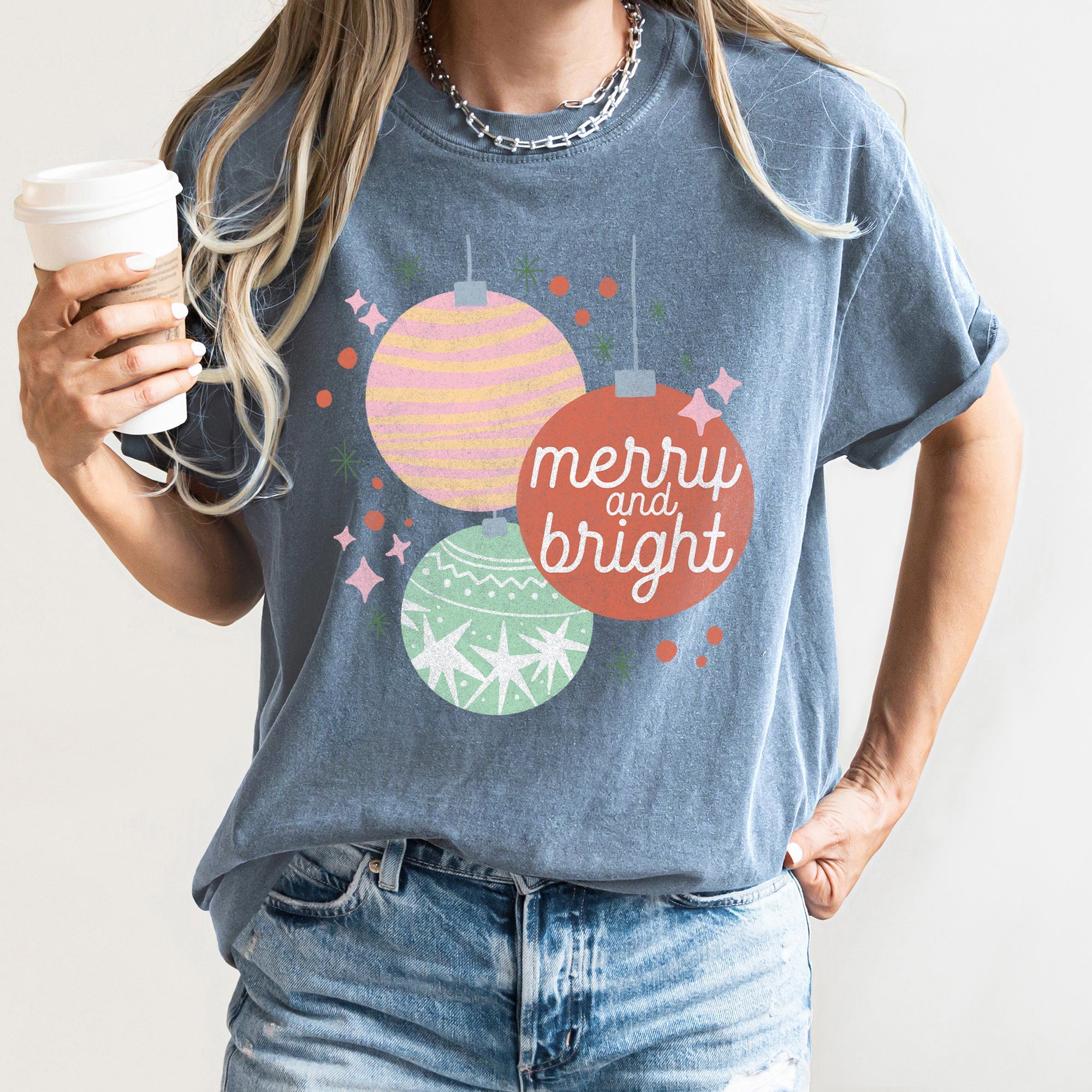 Merry And Bright Pastel Christmas Ornaments Holiday Ornament Pattern Comfort Colors Tee