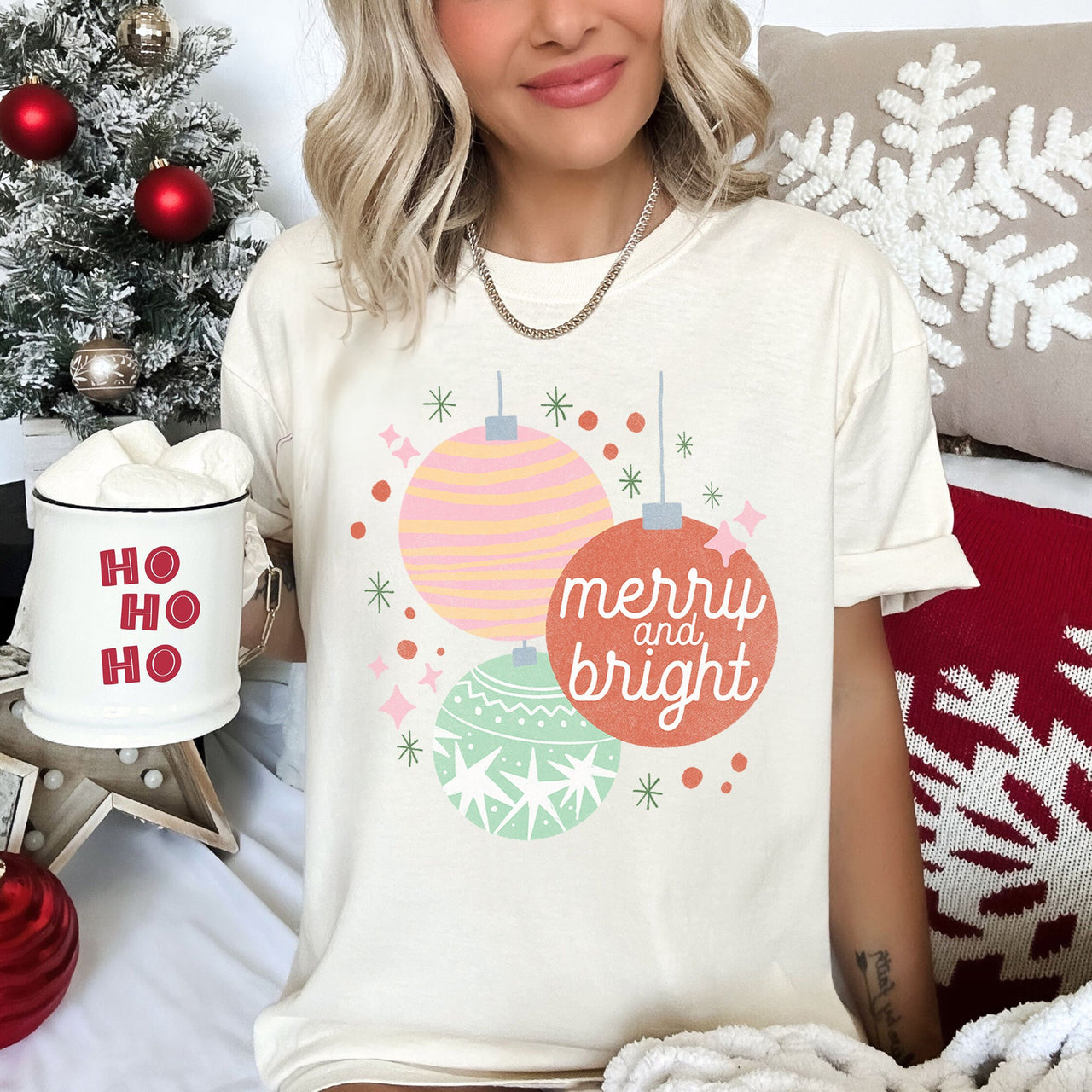Merry And Bright Pastel Christmas Ornaments Holiday Ornament Pattern Comfort Colors Tee