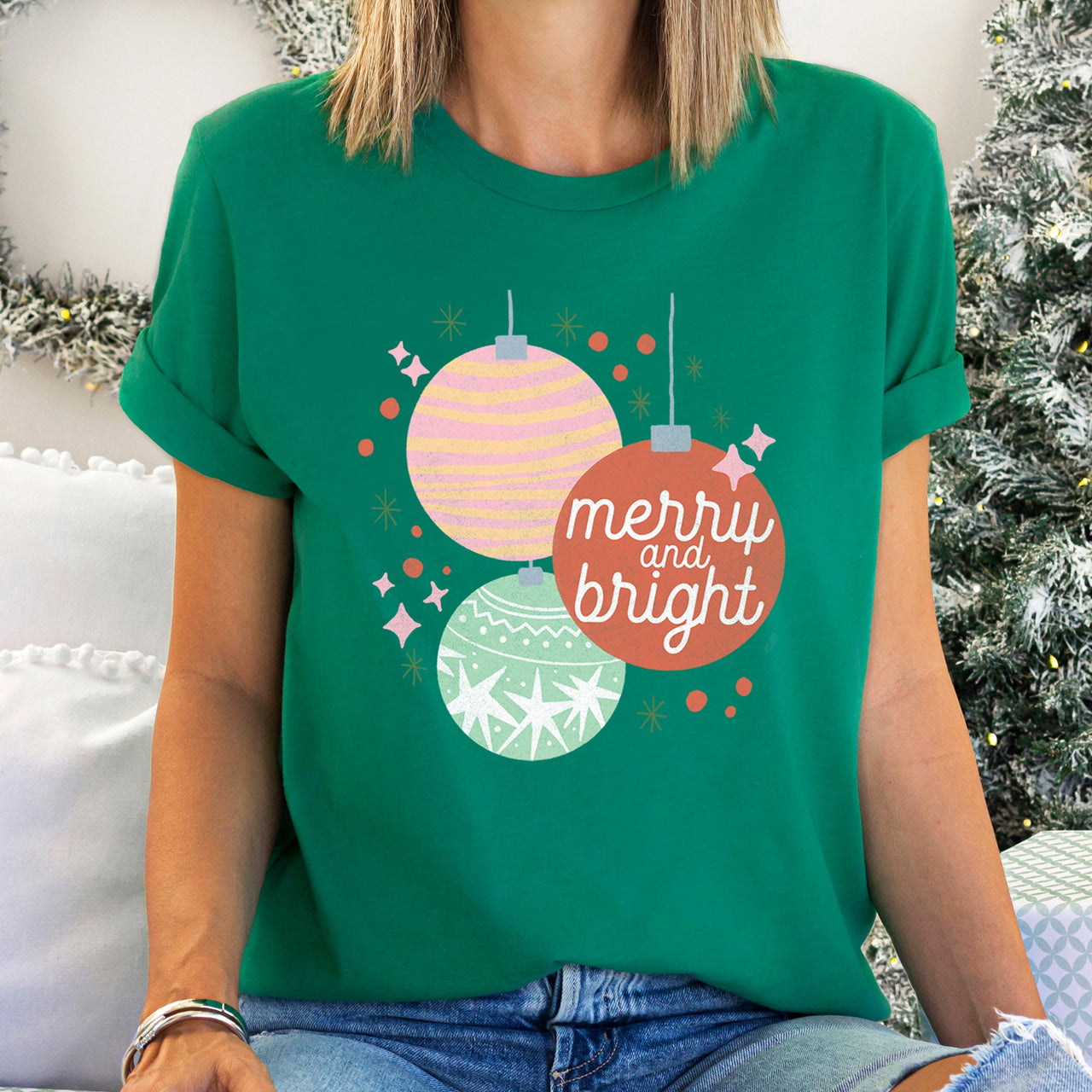 Merry And Bright Pastel Christmas Ornaments Festive Winter Season Holiday Decor Graphic Tee