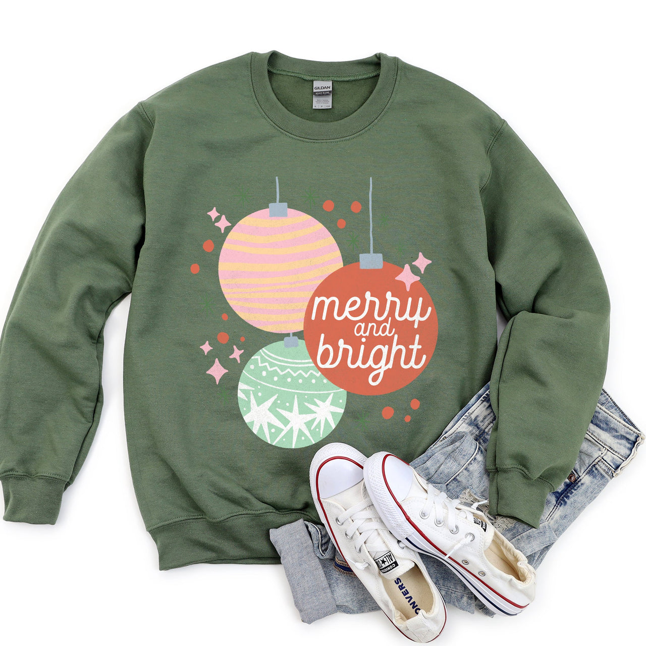 Merry And Bright Pastel Christmas Cozy Holiday Graphic Vintage Style Edition Sweatshirt