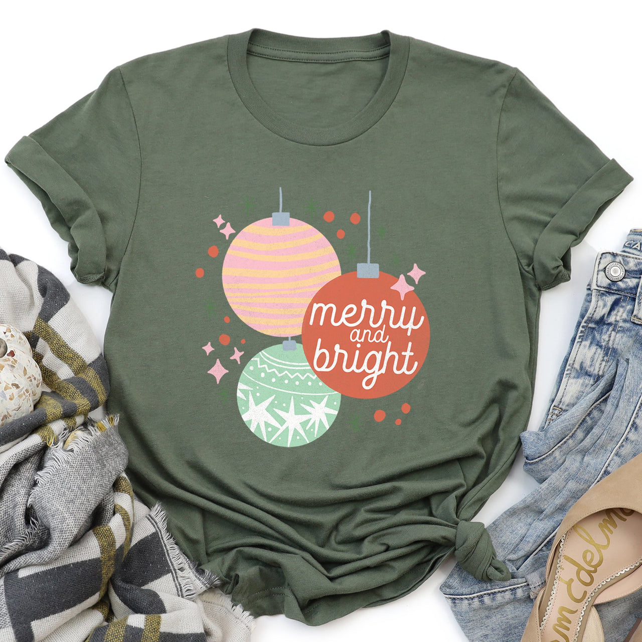 Merry And Bright Pastel Christmas Ornaments Festive Winter Season Holiday Decor Graphic Tee