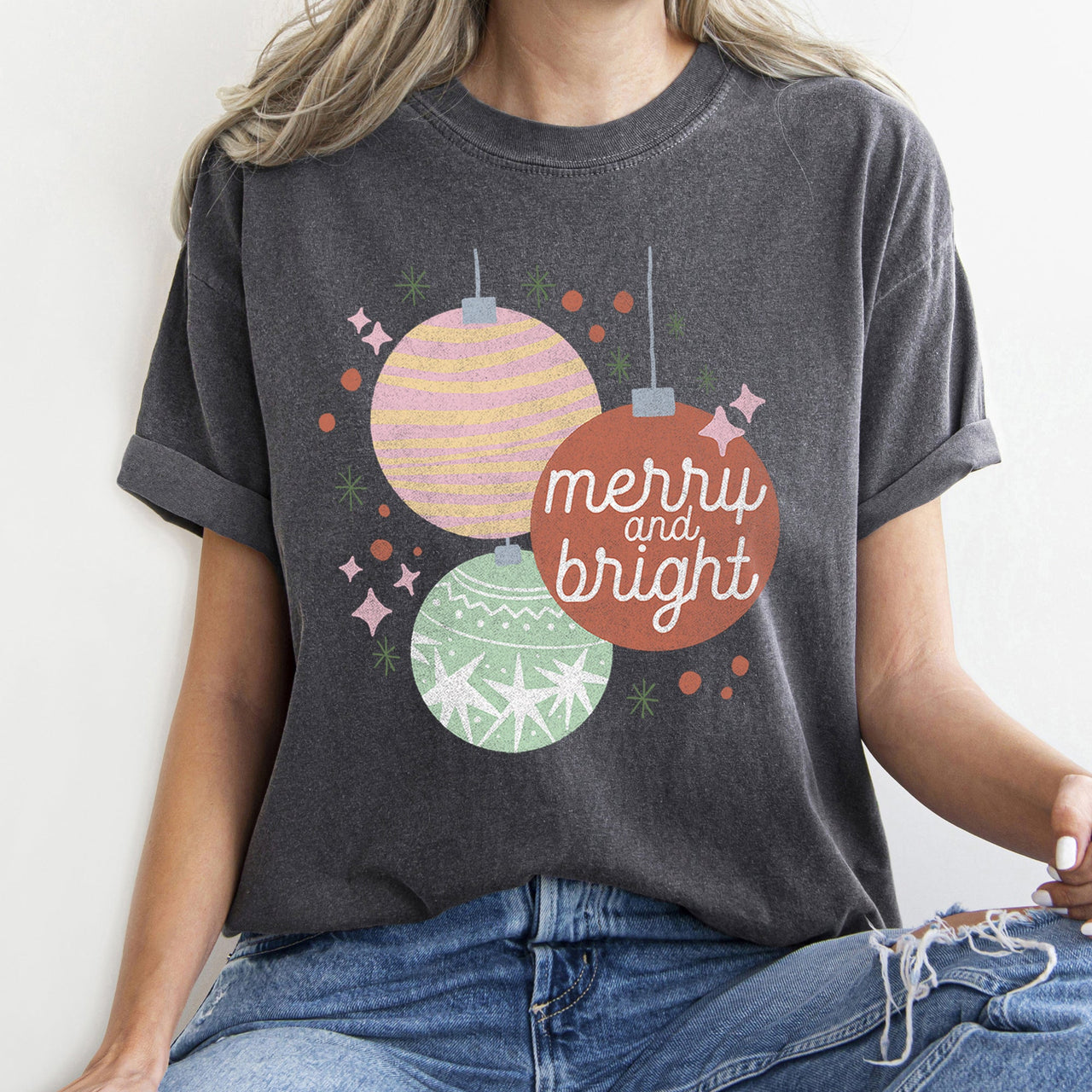 Merry And Bright Pastel Christmas Ornaments Holiday Ornament Pattern Comfort Colors Tee