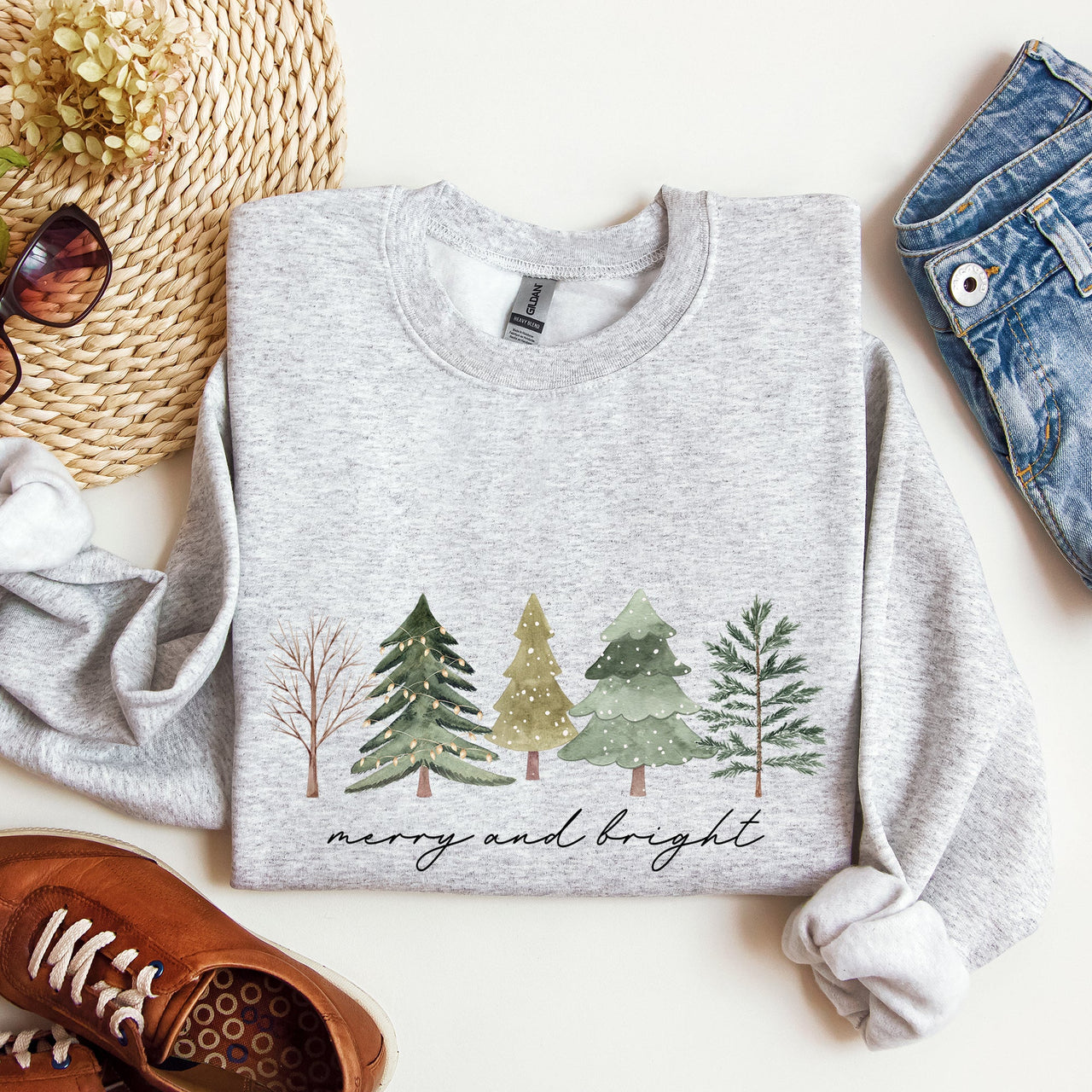 Merry And Bright Watercolor Trees Christmas Holiday Edition Cozy Winter Sweatshirt