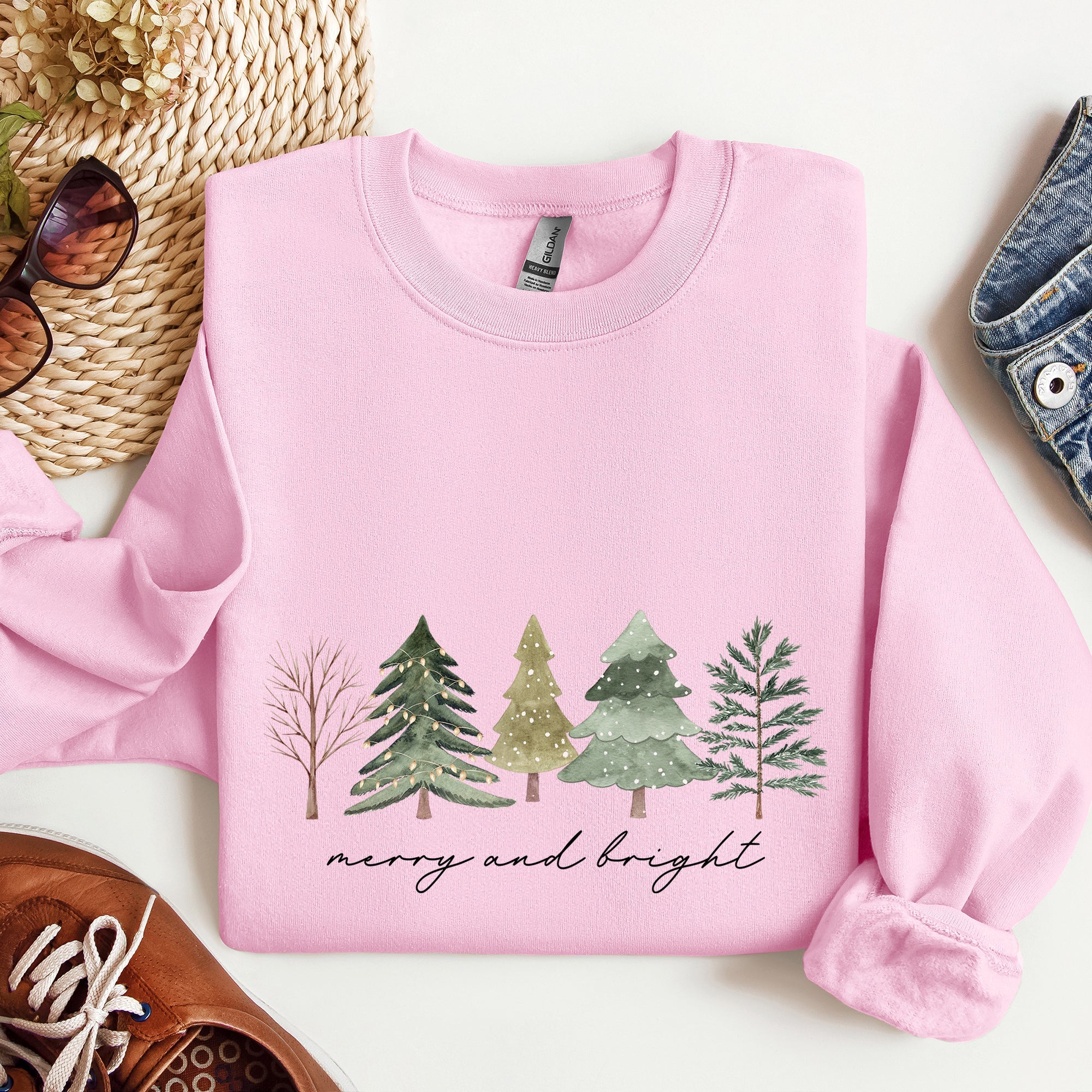 Merry And Bright Watercolor Trees Christmas Holiday Edition Cozy Winter Sweatshirt