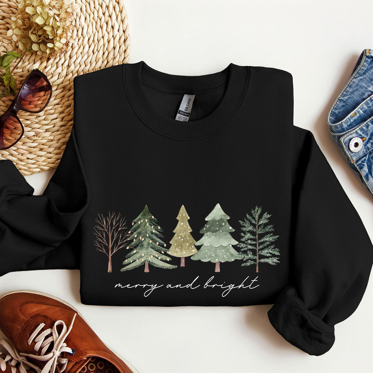 Merry And Bright Watercolor Trees Christmas Holiday Edition Cozy Winter Sweatshirt