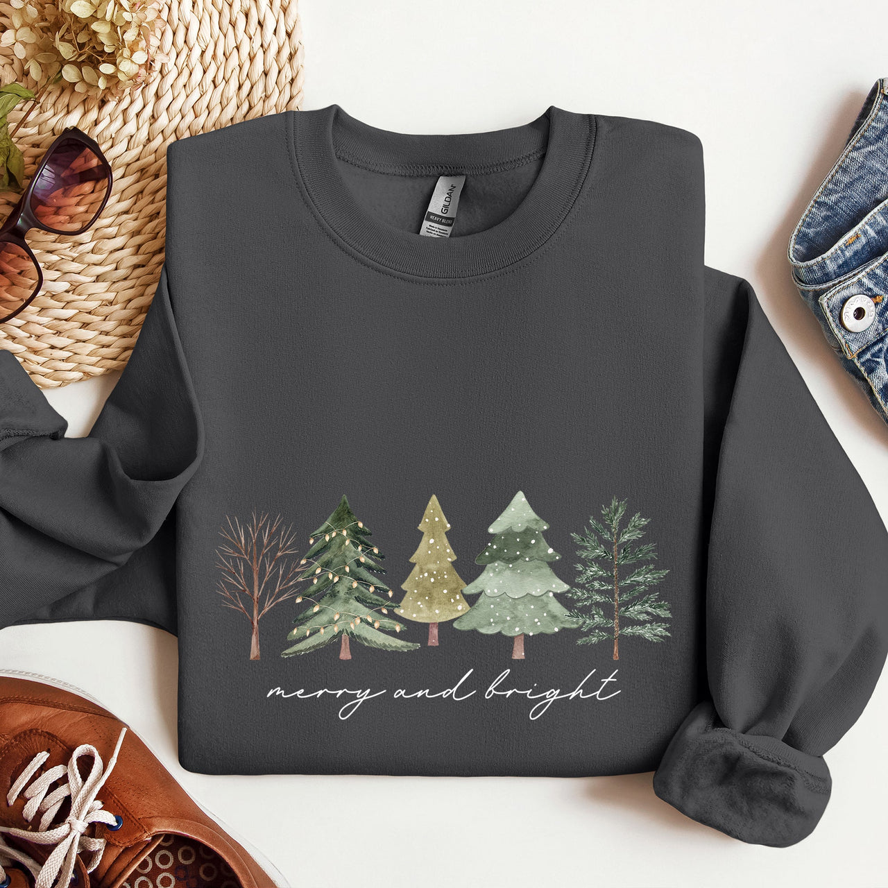 Merry And Bright Watercolor Trees Christmas Holiday Edition Cozy Winter Sweatshirt