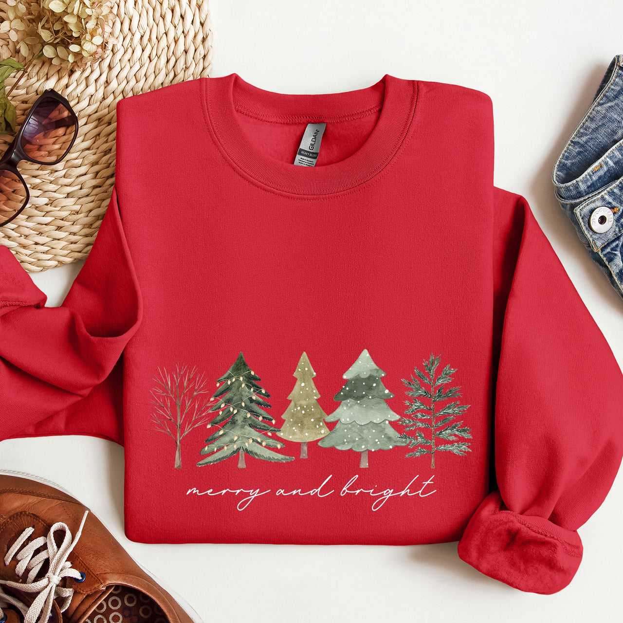 Merry And Bright Watercolor Trees Christmas Holiday Edition Cozy Winter Sweatshirt