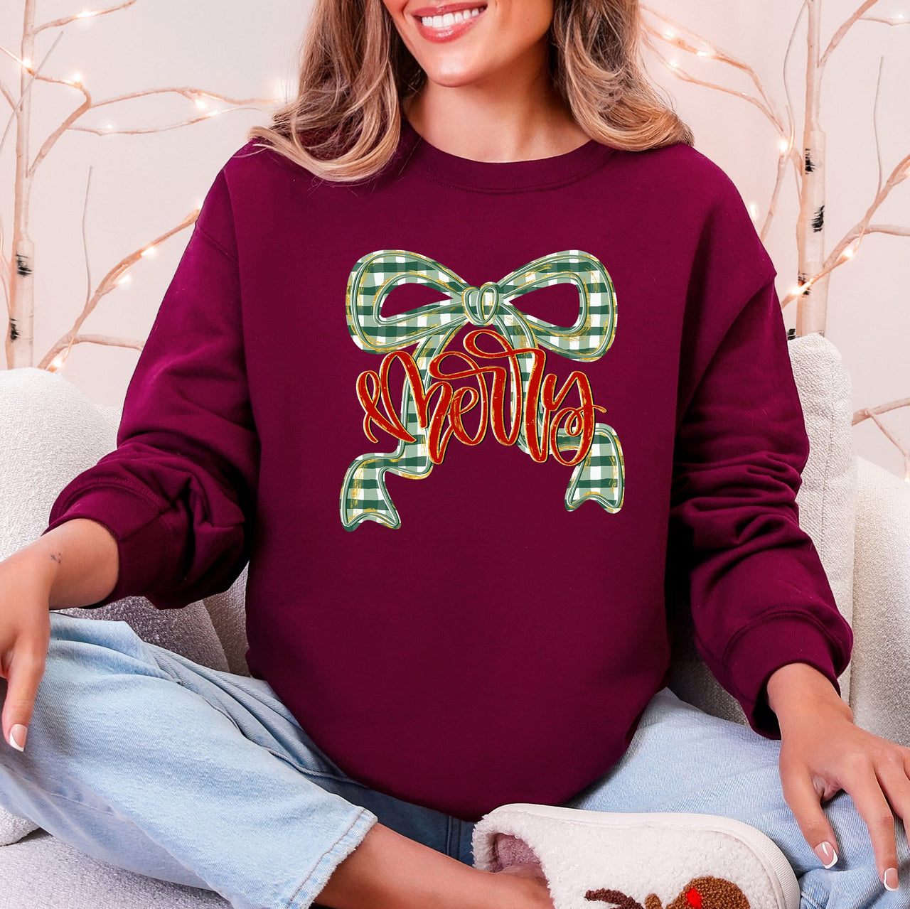 Merry Bow Christmas Ribbon Retro Santa Festive Holiday Cheer Cozy Seasonal Sweatshirt
