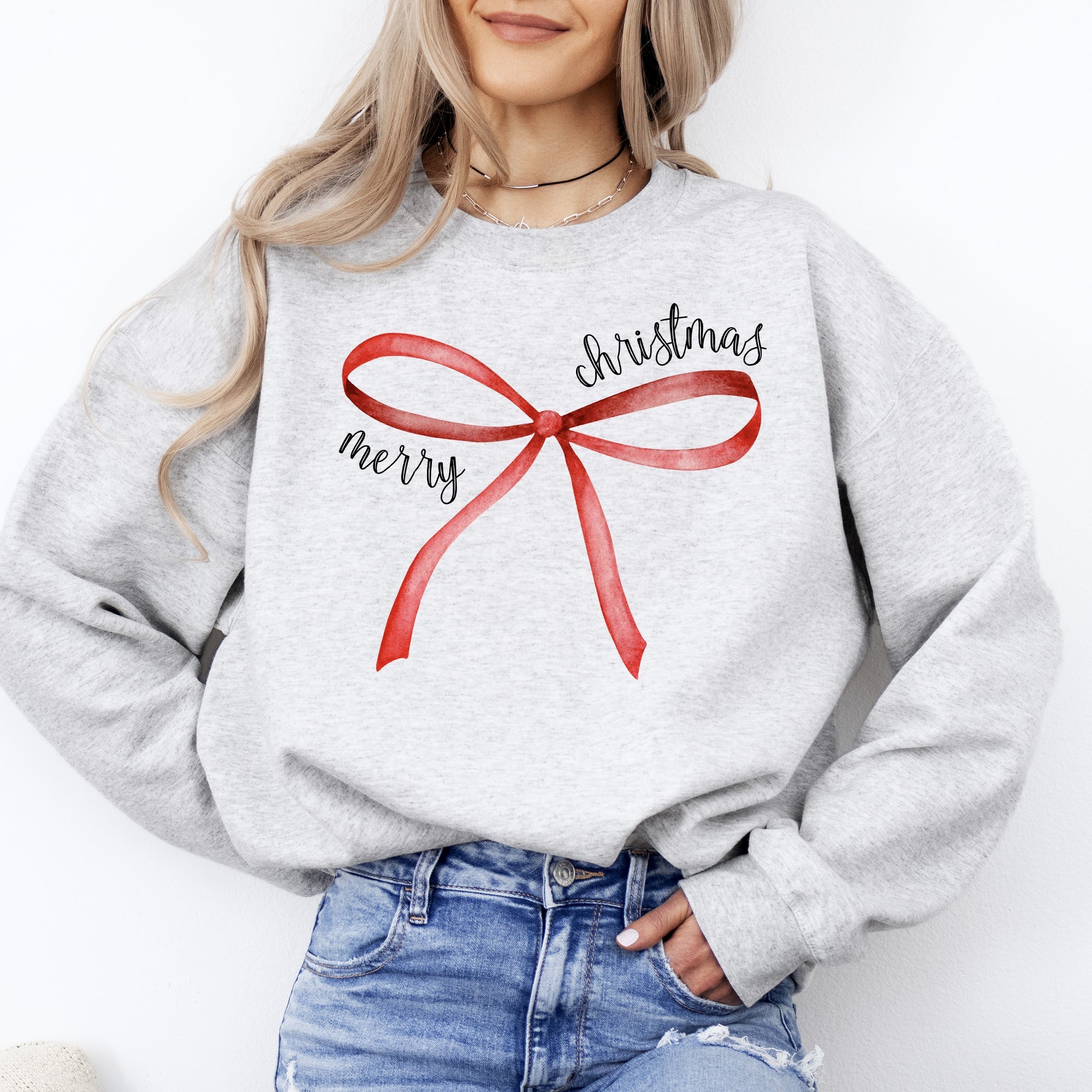 Merry Christmas Bow Coquette Cutesy Santa Classic Girly Cozy Holiday Graphic Sweatshirt