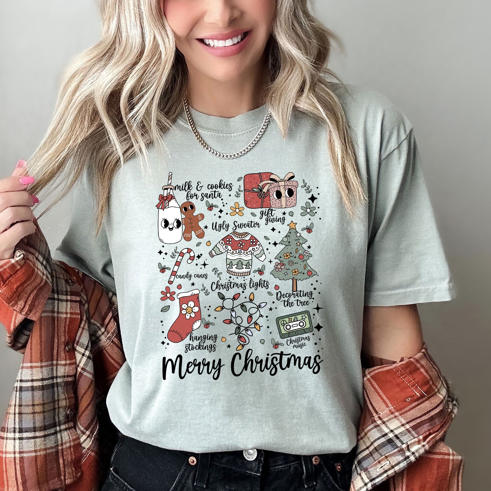 Merry Christmas Doodles Santa Stockings Tree Retro Holiday Edition Comfort Colors Tee