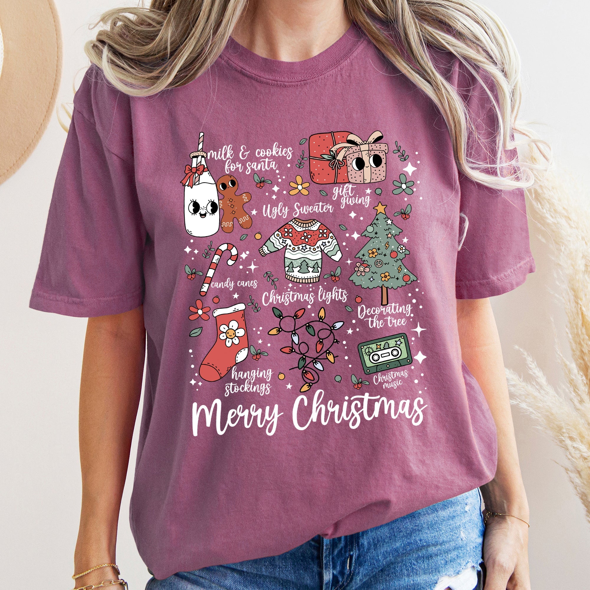 Merry Christmas Doodles Santa Stockings Tree Retro Holiday Edition Comfort Colors Tee