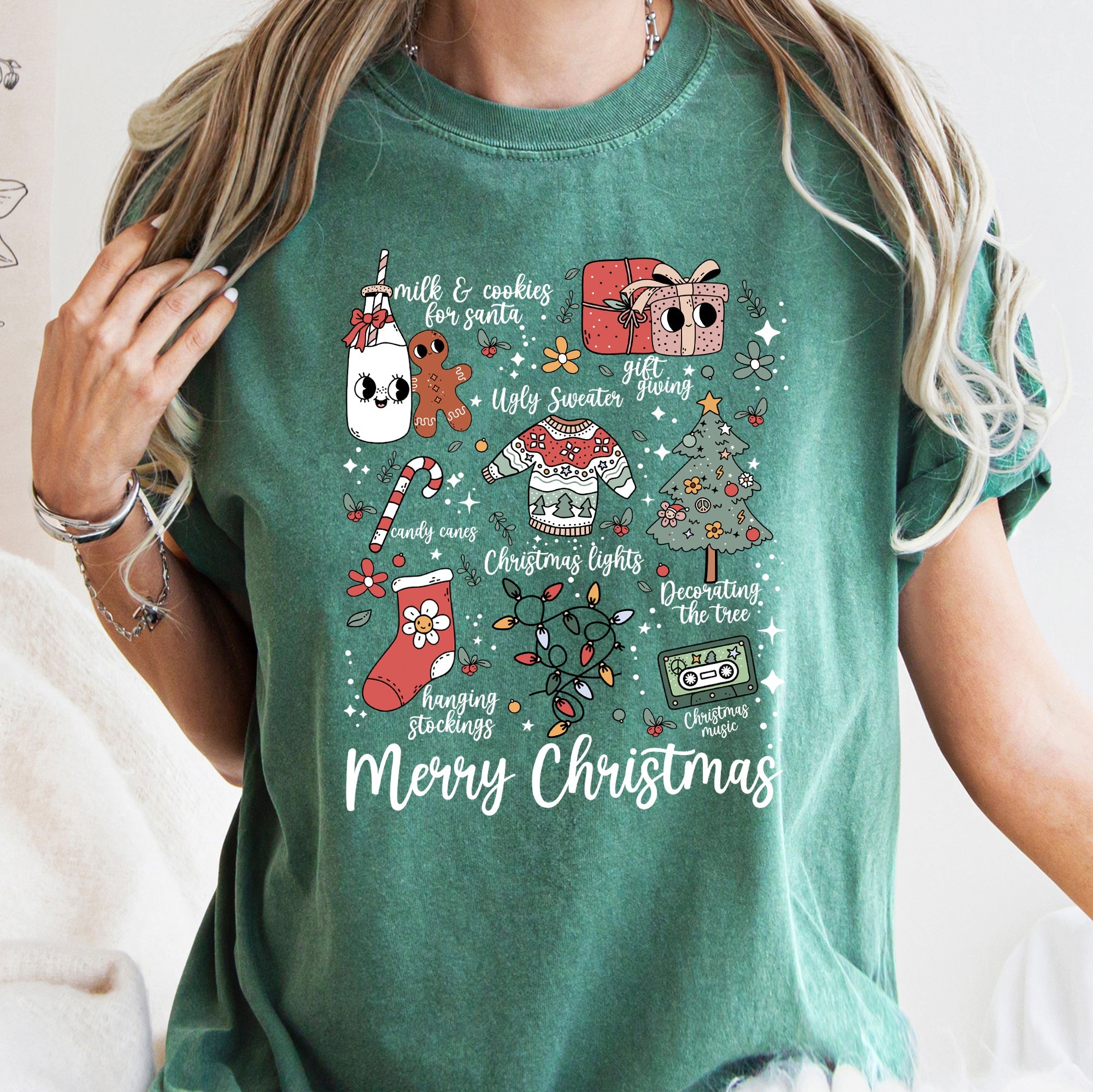 Merry Christmas Doodles Santa Stockings Tree Retro Holiday Edition Comfort Colors Tee