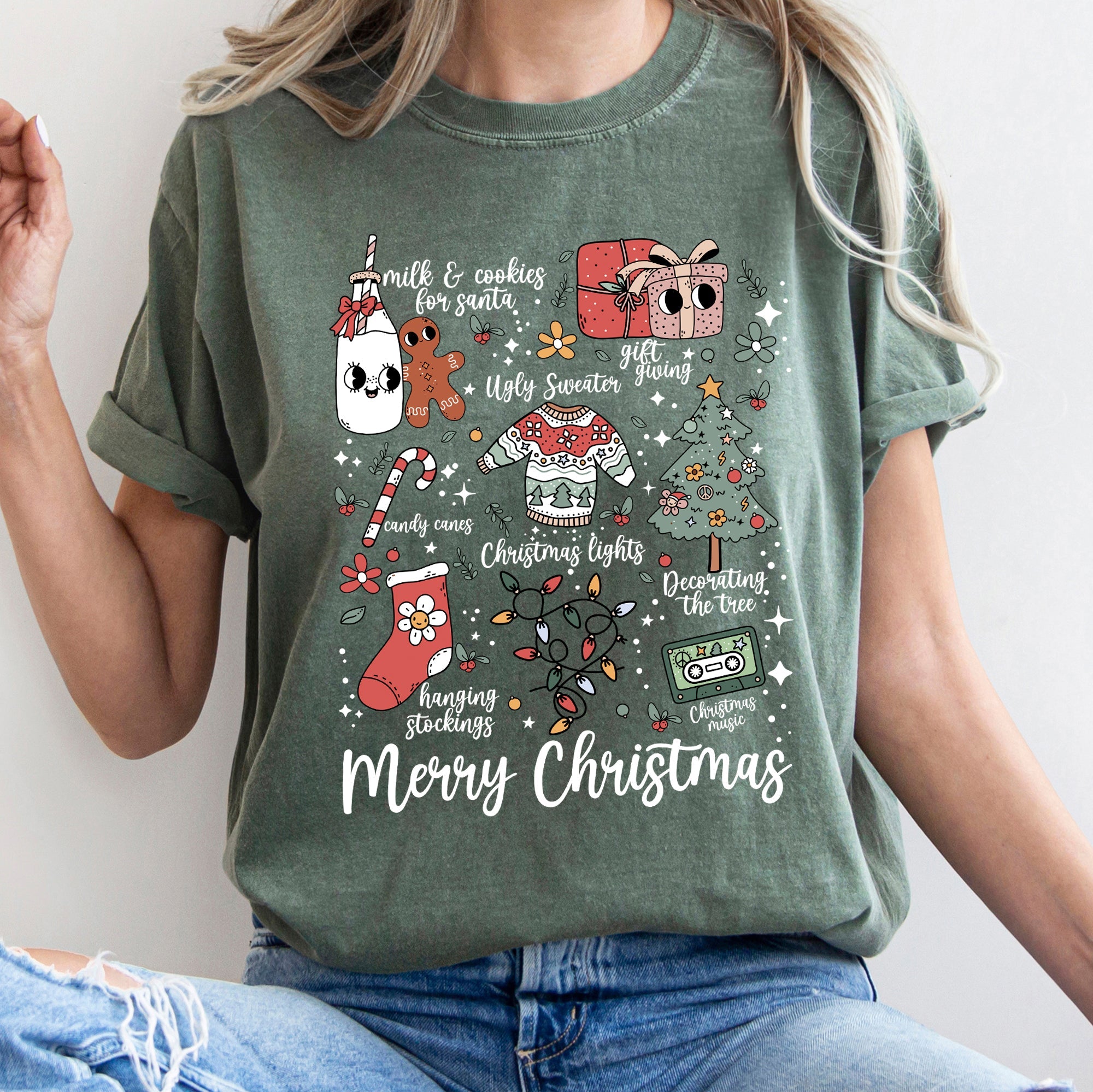 Merry Christmas Doodles Santa Stockings Tree Retro Holiday Edition Comfort Colors Tee