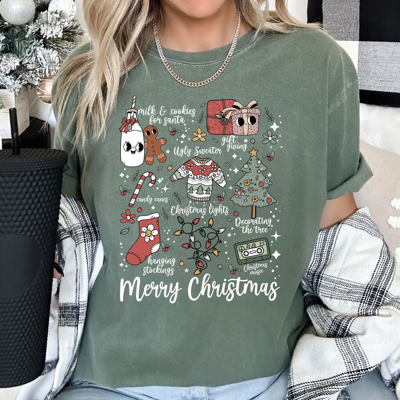 Merry Christmas Doodles Santa Stockings Tree Retro Holiday Edition Comfort Colors Tee