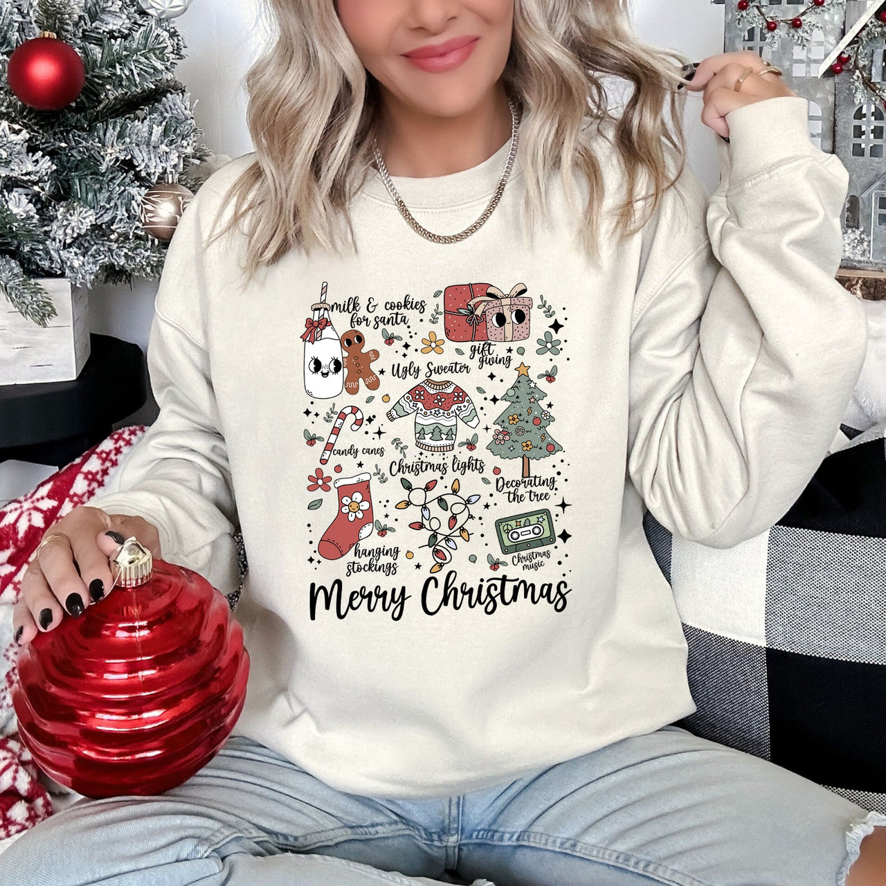 Merry Christmas Doodles Santa Stockings Tree Ornaments Snowflakes Vintage Retro Print Sweatshirt
