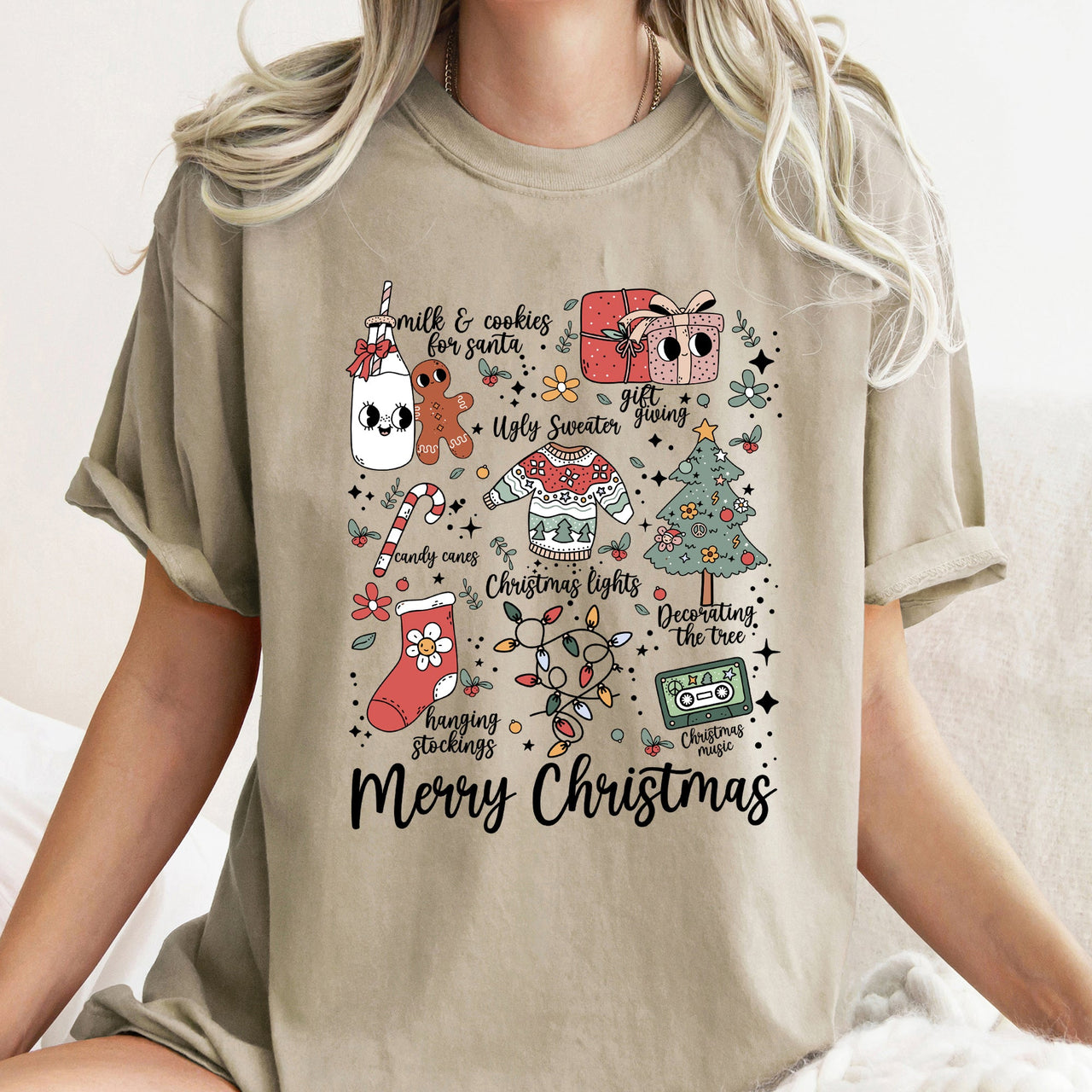 Merry Christmas Doodles Santa Stockings Tree Retro Holiday Edition Comfort Colors Tee