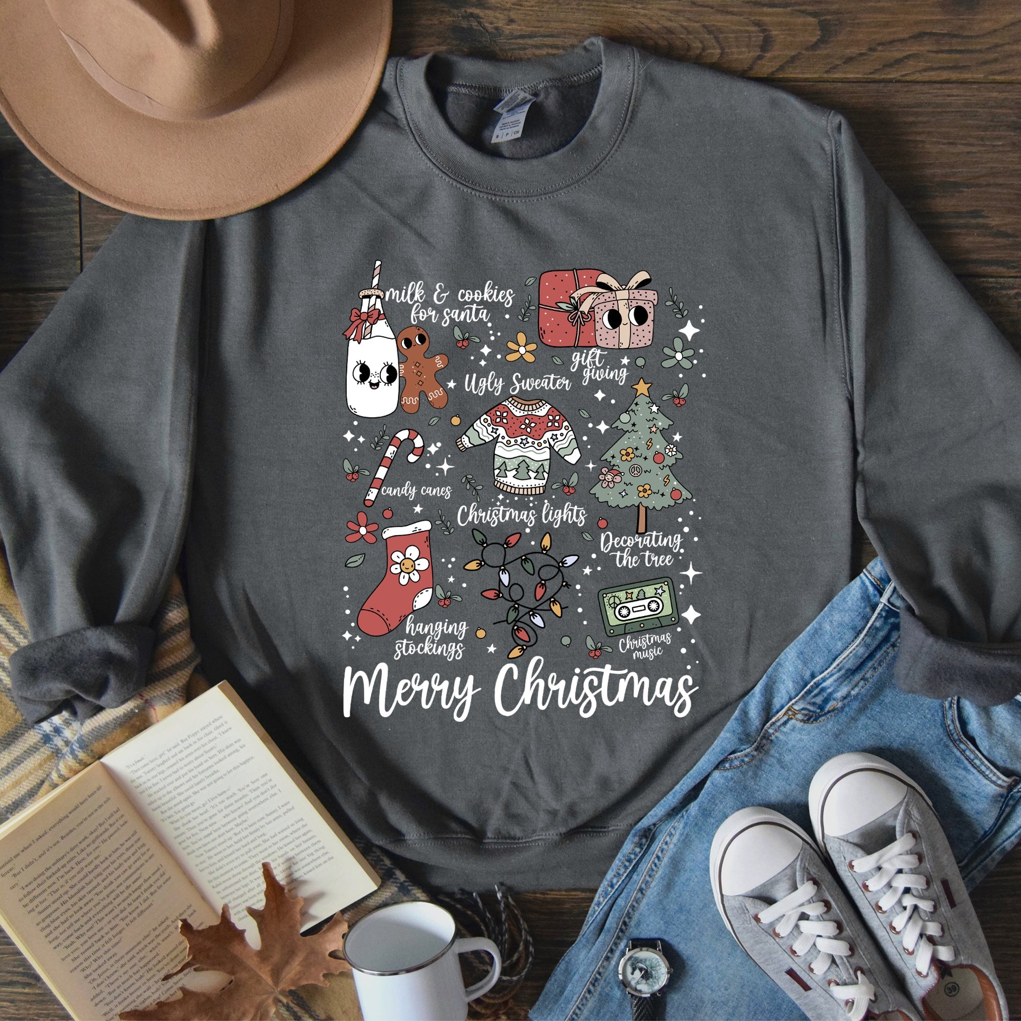 Merry Christmas Doodles Santa Stockings Tree Ornaments Snowflakes Vintage Retro Print Sweatshirt