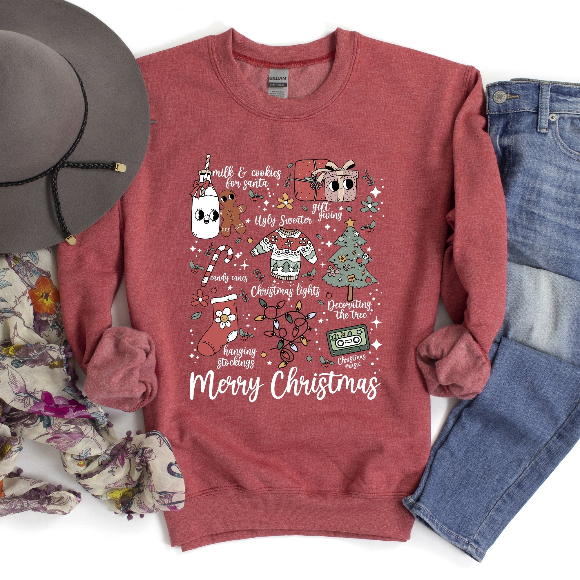 Merry Christmas Doodles Santa Stockings Tree Ornaments Snowflakes Vintage Retro Print Sweatshirt