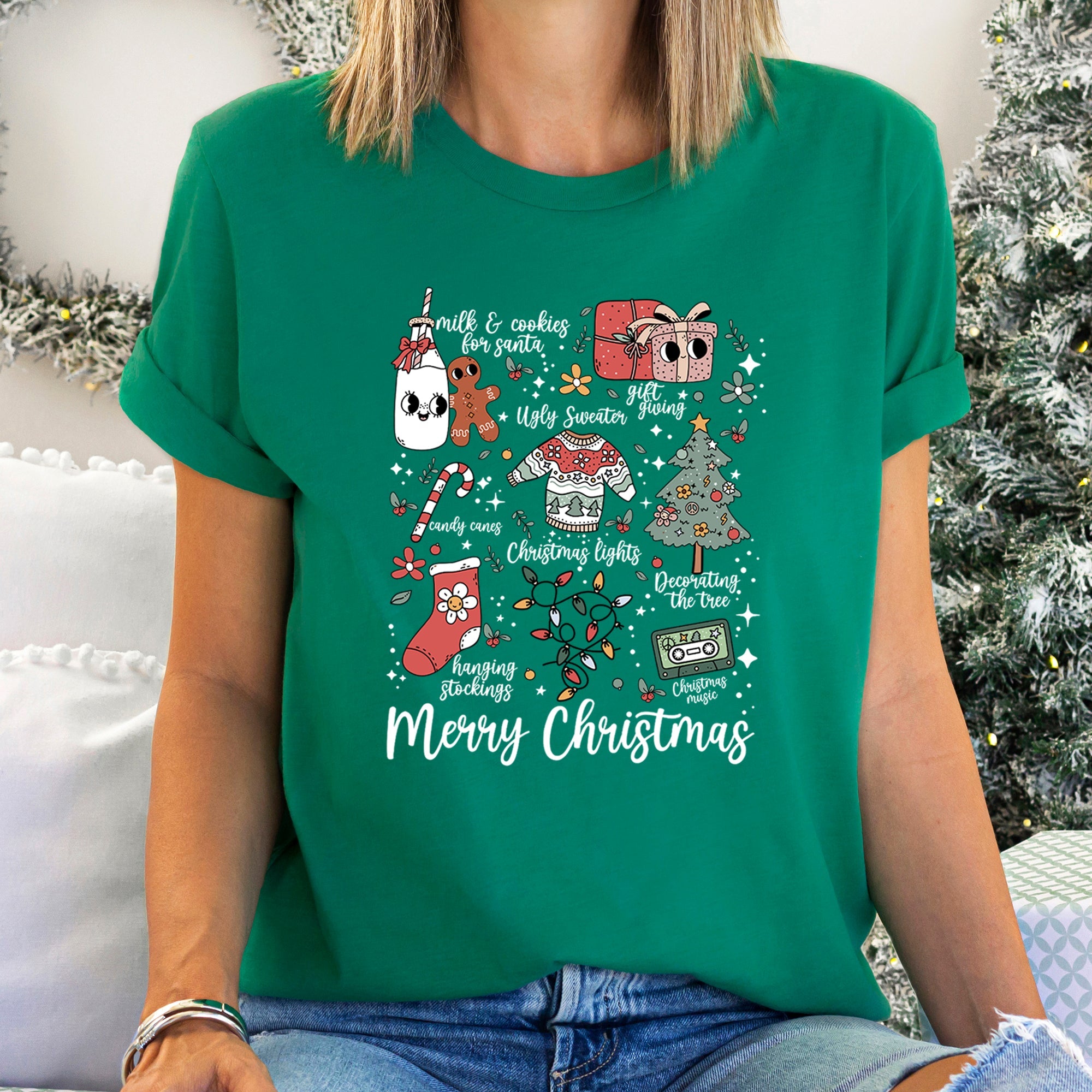 Merry Christmas Doodles Santa Stockings Tree Retro Cozy Vintage Holiday Illustration Graphic Tee