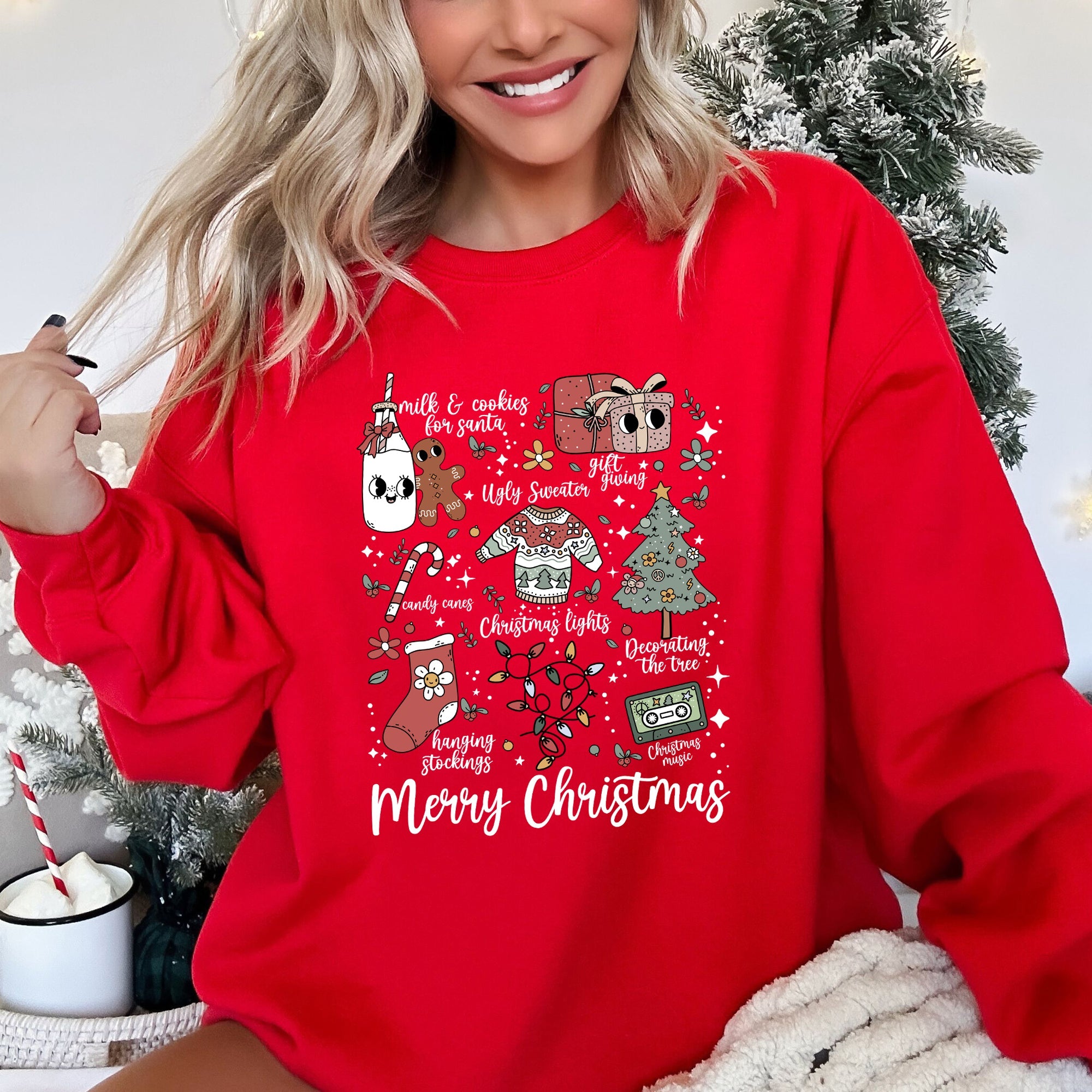 Merry Christmas Doodles Santa Stockings Tree Ornaments Snowflakes Vintage Retro Print Sweatshirt