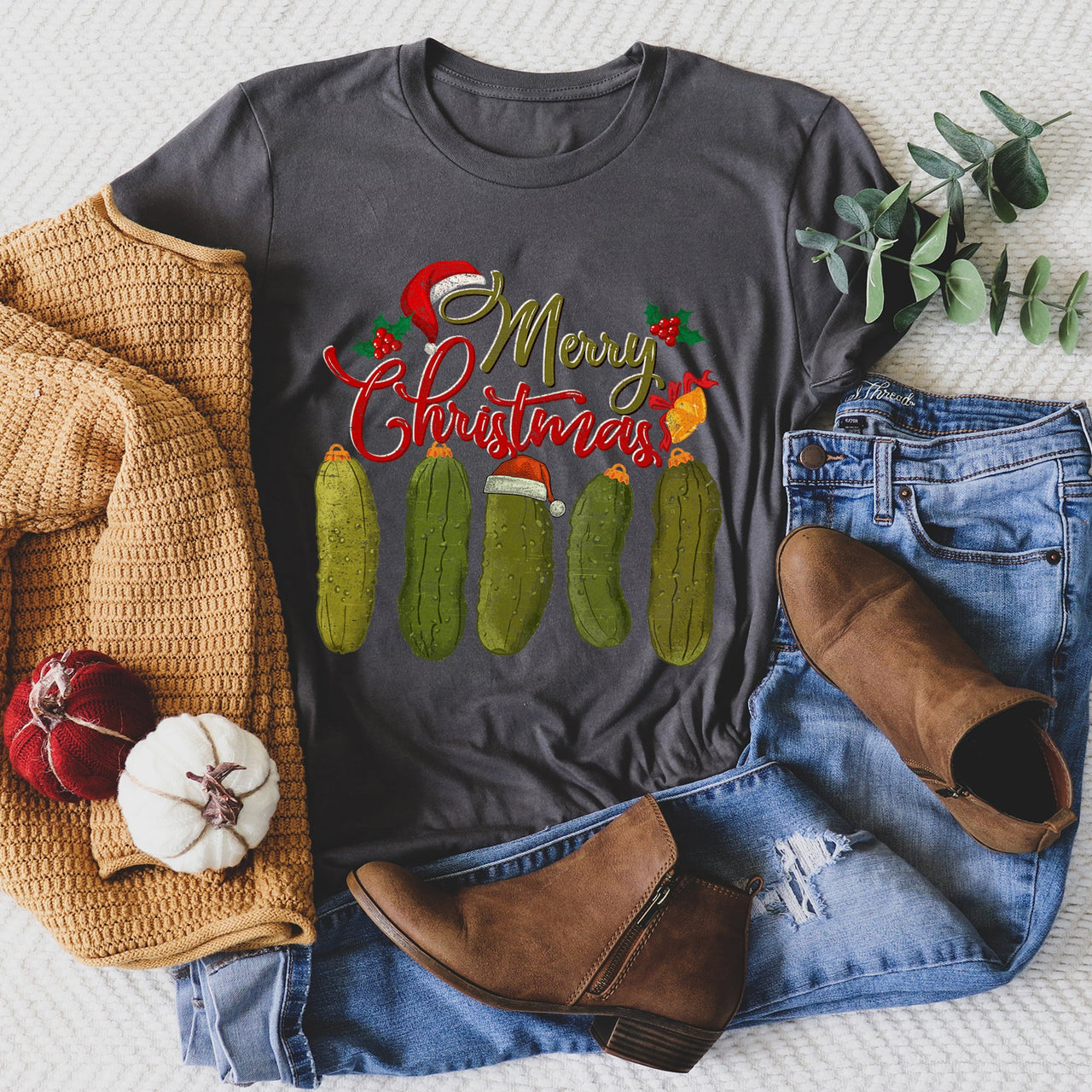 Merry Christmas Pickles Classic Retro Vintage Festive Holiday Style Cozy Graphic Tee