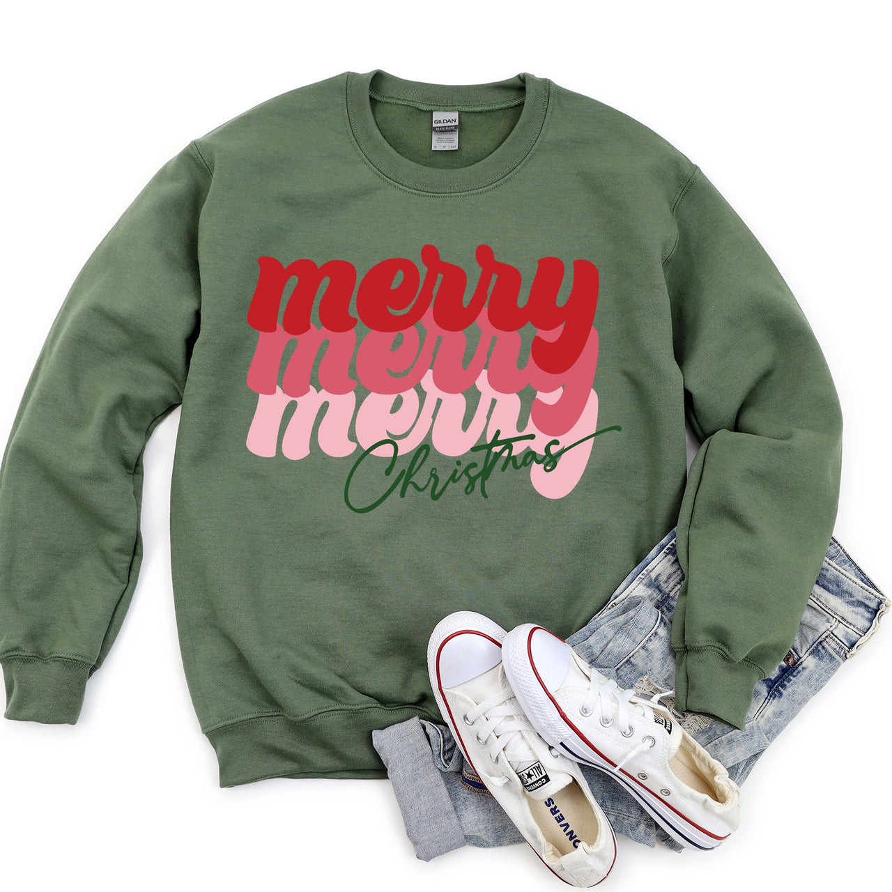 Merry Christmas Retro Text Vintage Style Holiday Message Hand Lettered Sweatshirt