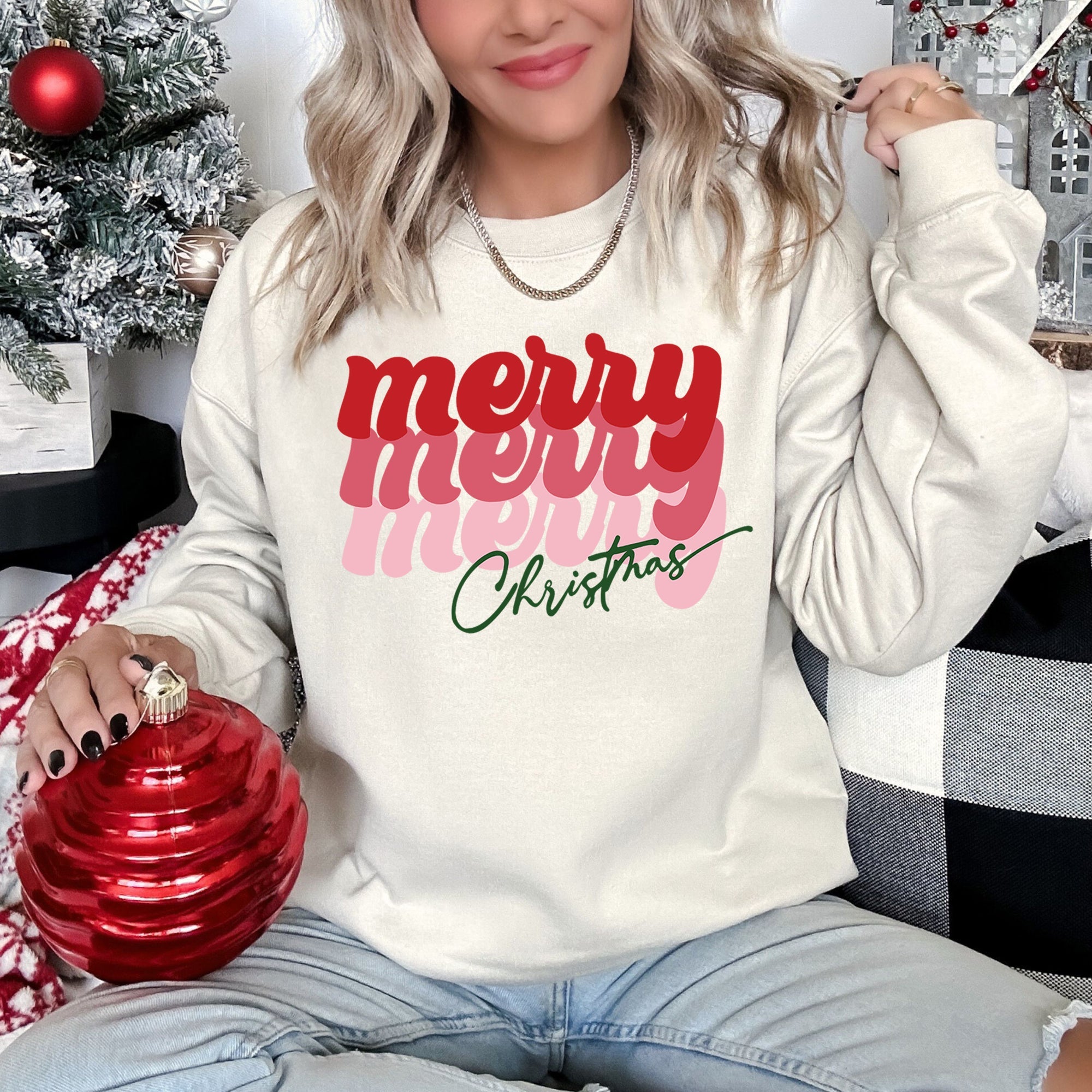 Merry Christmas Retro Text Vintage Style Holiday Message Hand Lettered Sweatshirt