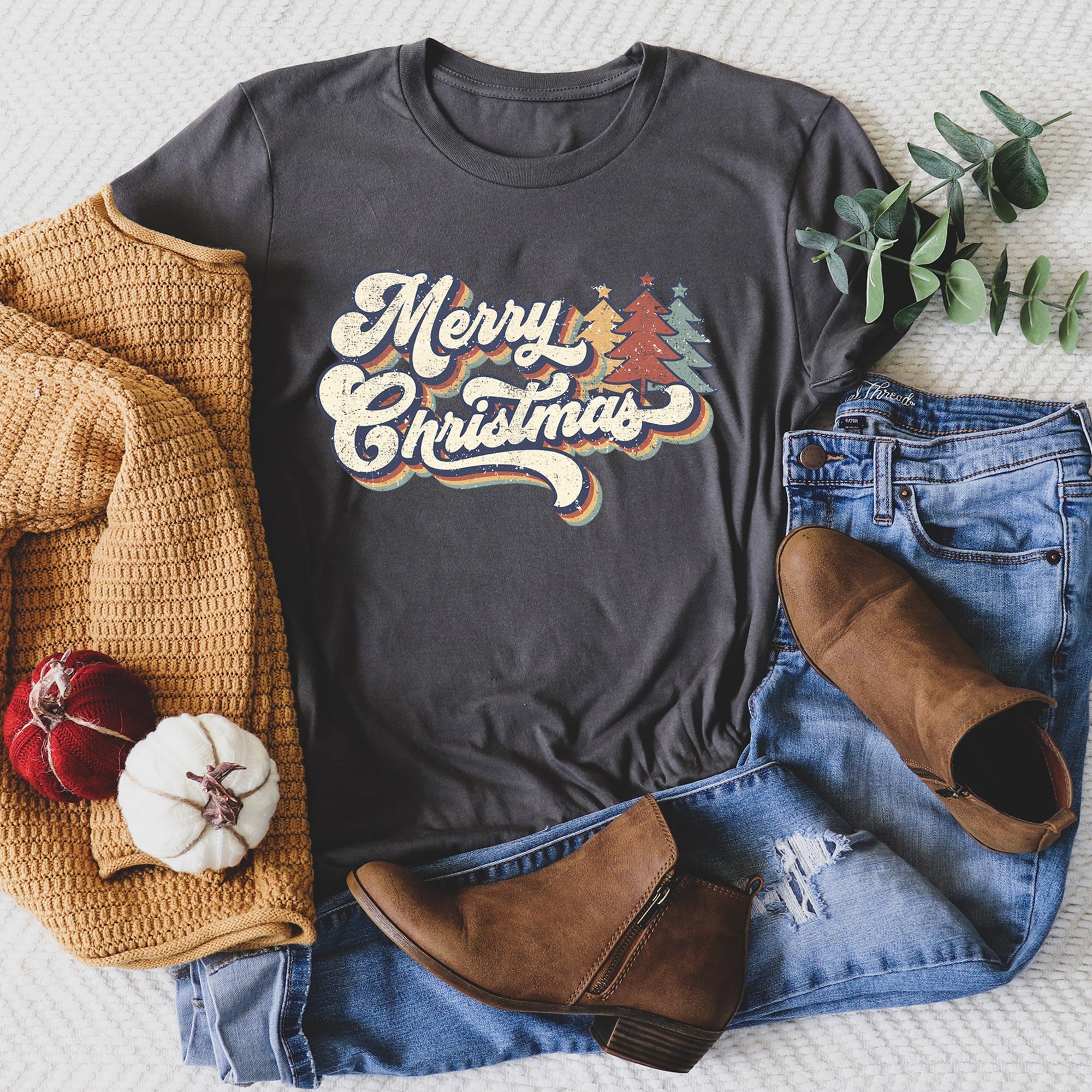 Merry Christmas Retro Trees Stacked Lettering Classic Design Vintage Edition Graphic Tee