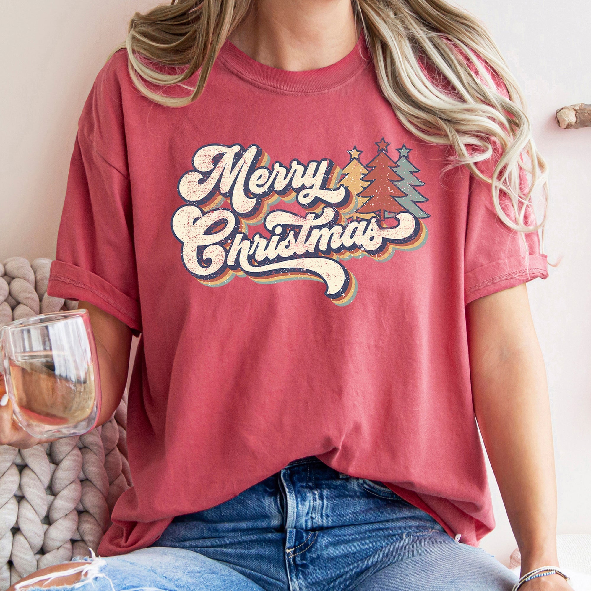 Merry Christmas Retro Trees Stacked Lettering Classic Design Edition Comfort Colors Tee