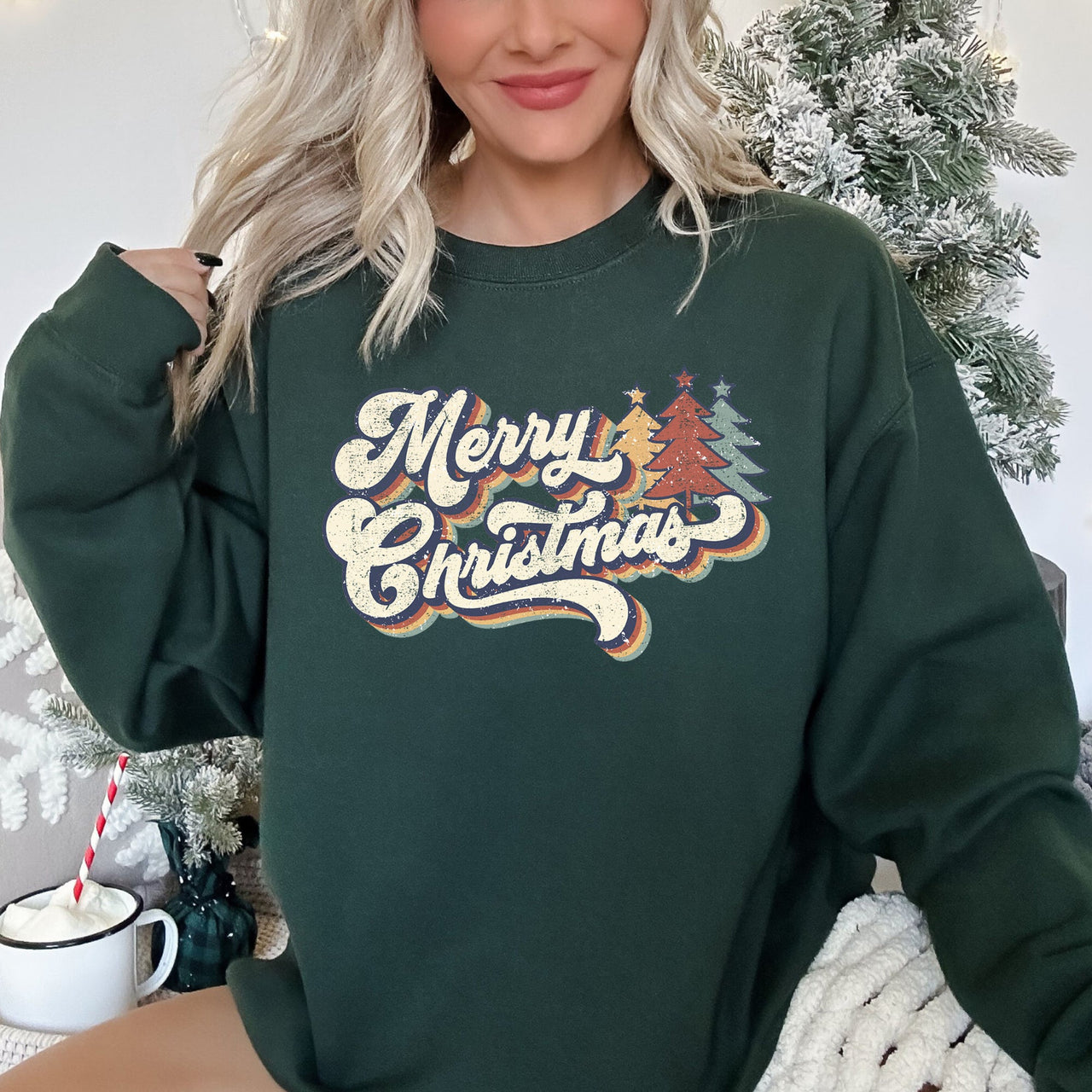 Merry Christmas, Retro Trees Holiday Cheer Vintage Nordic Style Graphic Art Print Sweatshirt