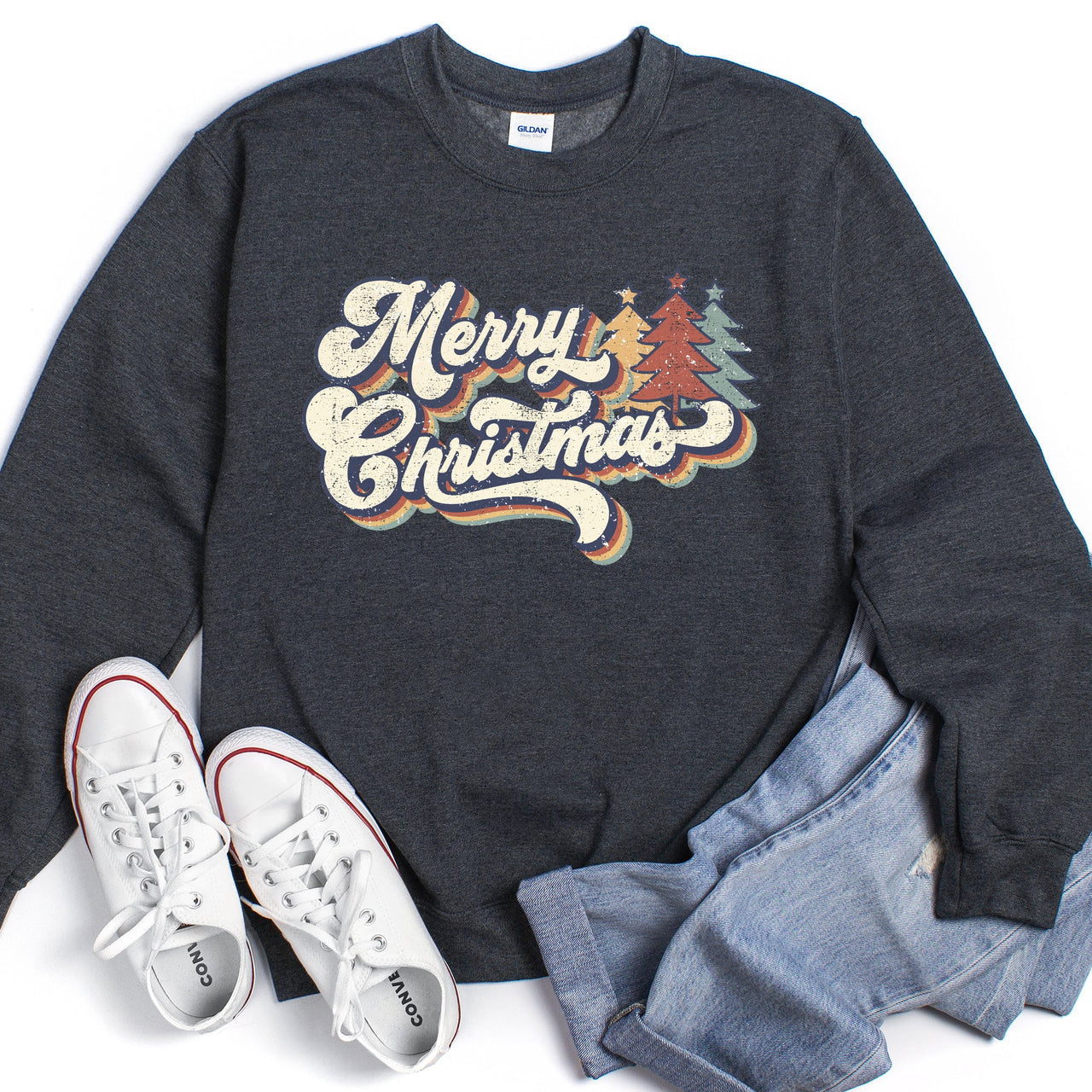 Merry Christmas, Retro Trees Holiday Cheer Vintage Nordic Style Graphic Art Print Sweatshirt