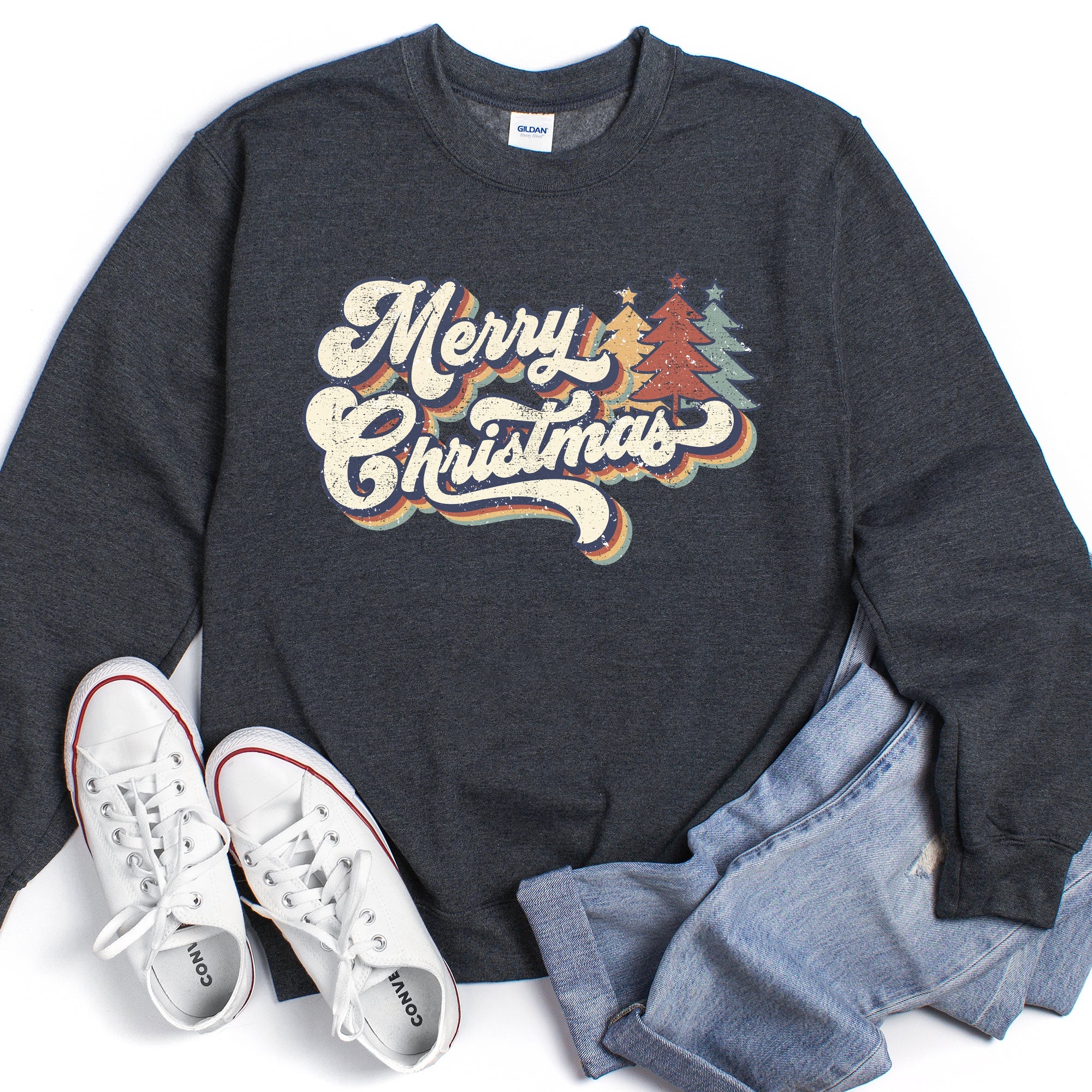 Merry Christmas, Retro Trees Holiday Cheer Vintage Nordic Style Graphic Art Print Sweatshirt