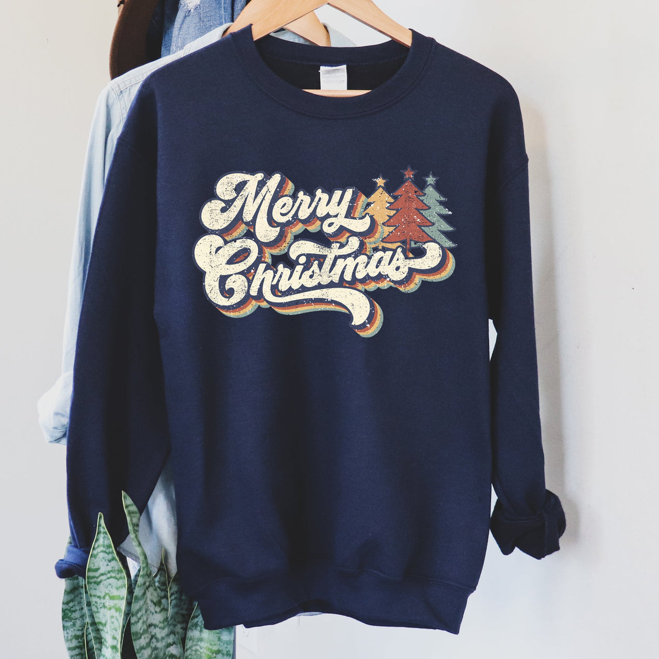 Merry Christmas, Retro Trees Holiday Cheer Vintage Nordic Style Graphic Art Print Sweatshirt