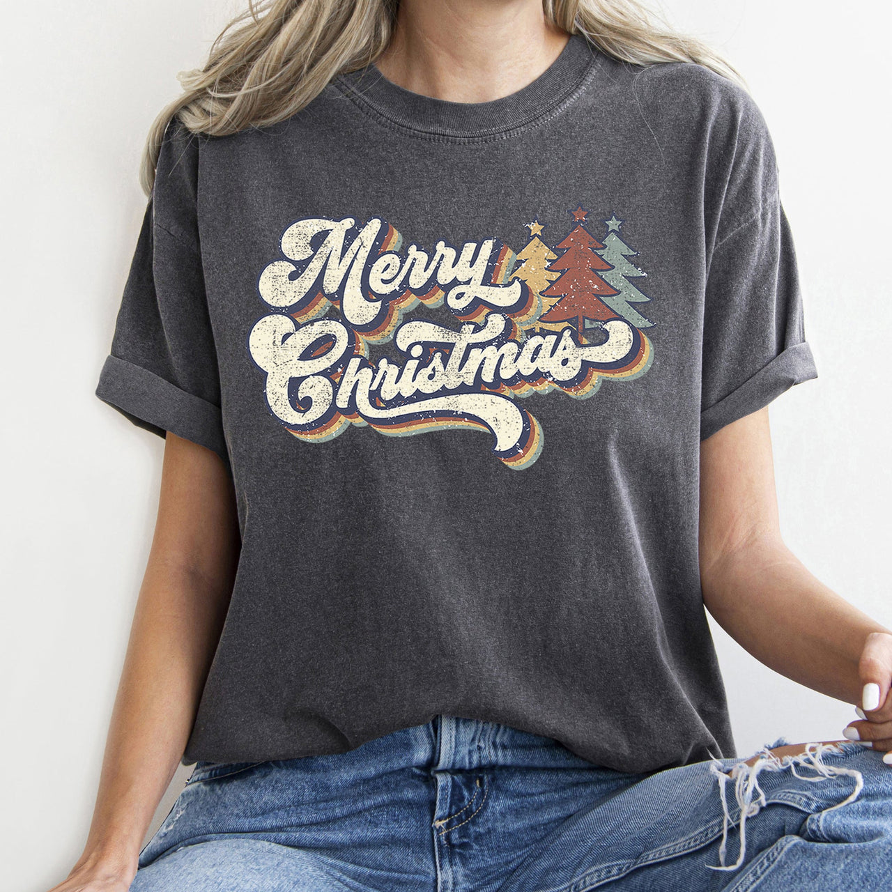 Merry Christmas Retro Trees Stacked Lettering Classic Design Edition Comfort Colors Tee