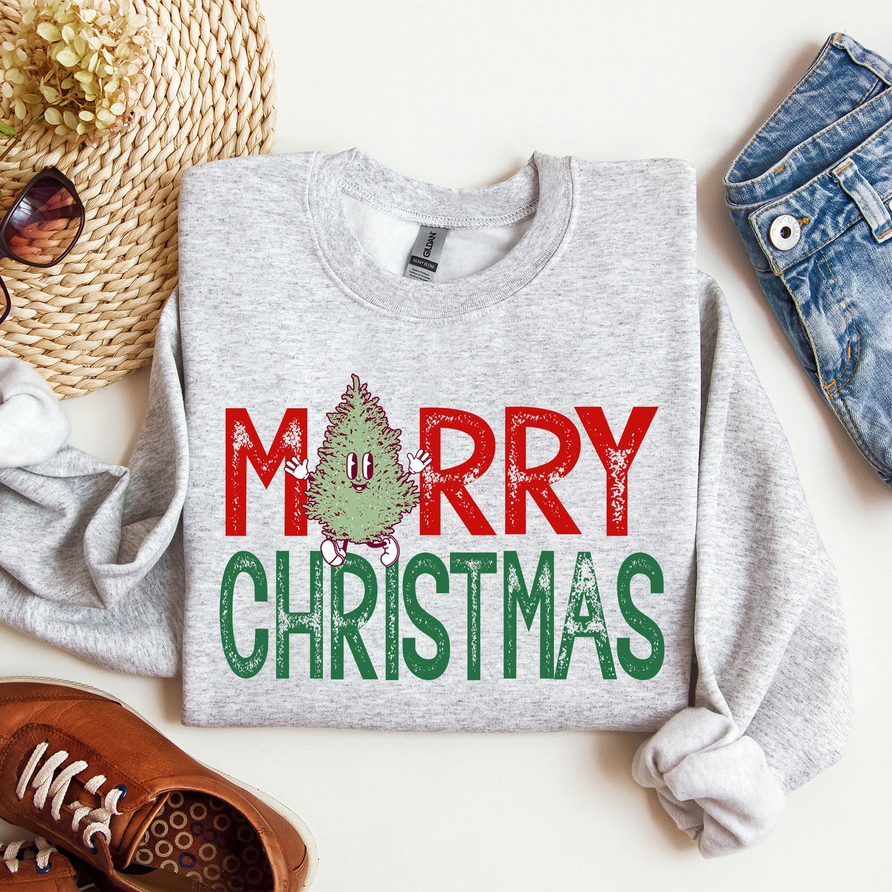 Merry Christmas Tree Vintage Retro Santa Xmas Whimsical Holiday Charm Classic Nordic Snowy Night Sweatshirt