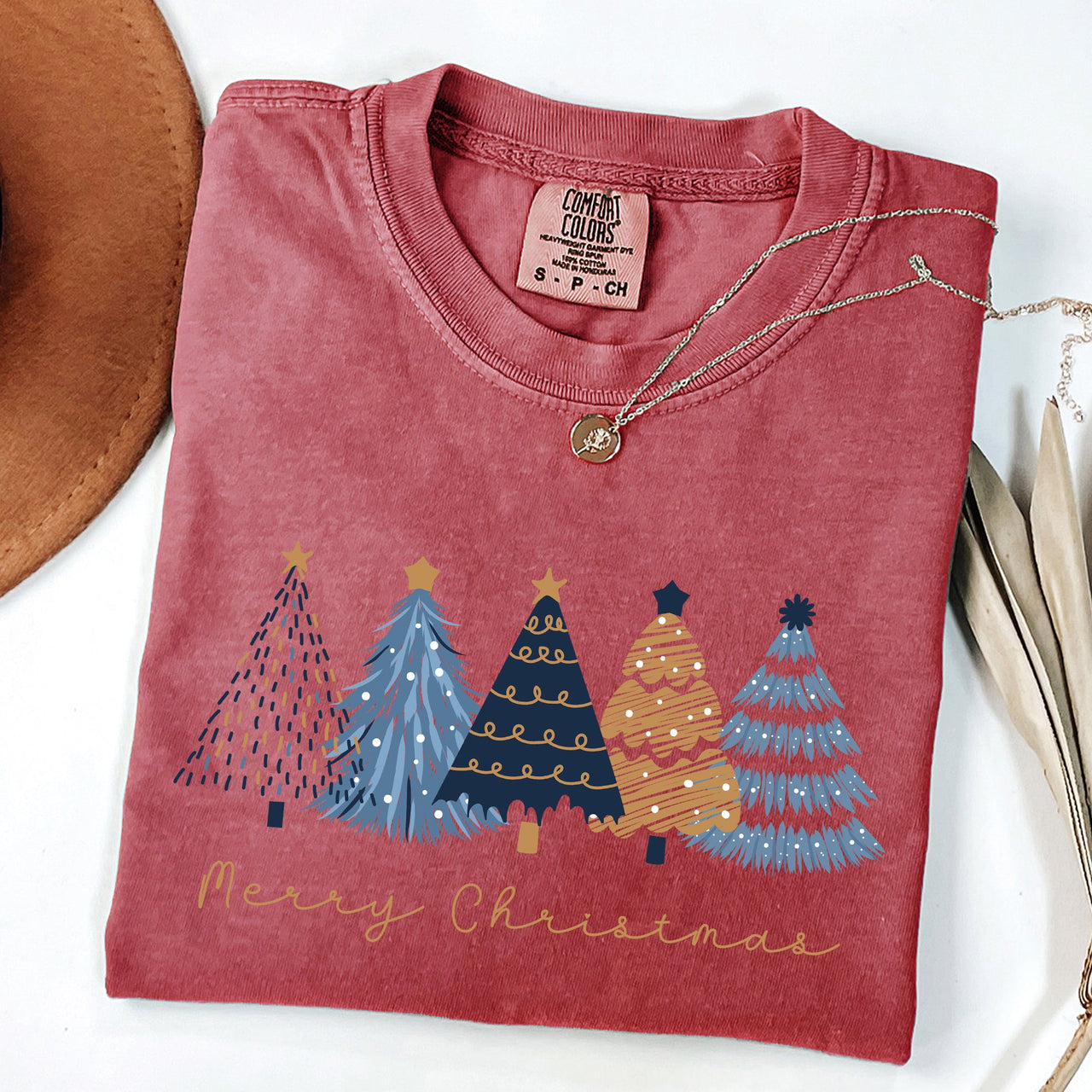 Merry Christmas Trees Winter Scene Gold Snow Santa Xmas Holiday Edition Comfort Colors Tee