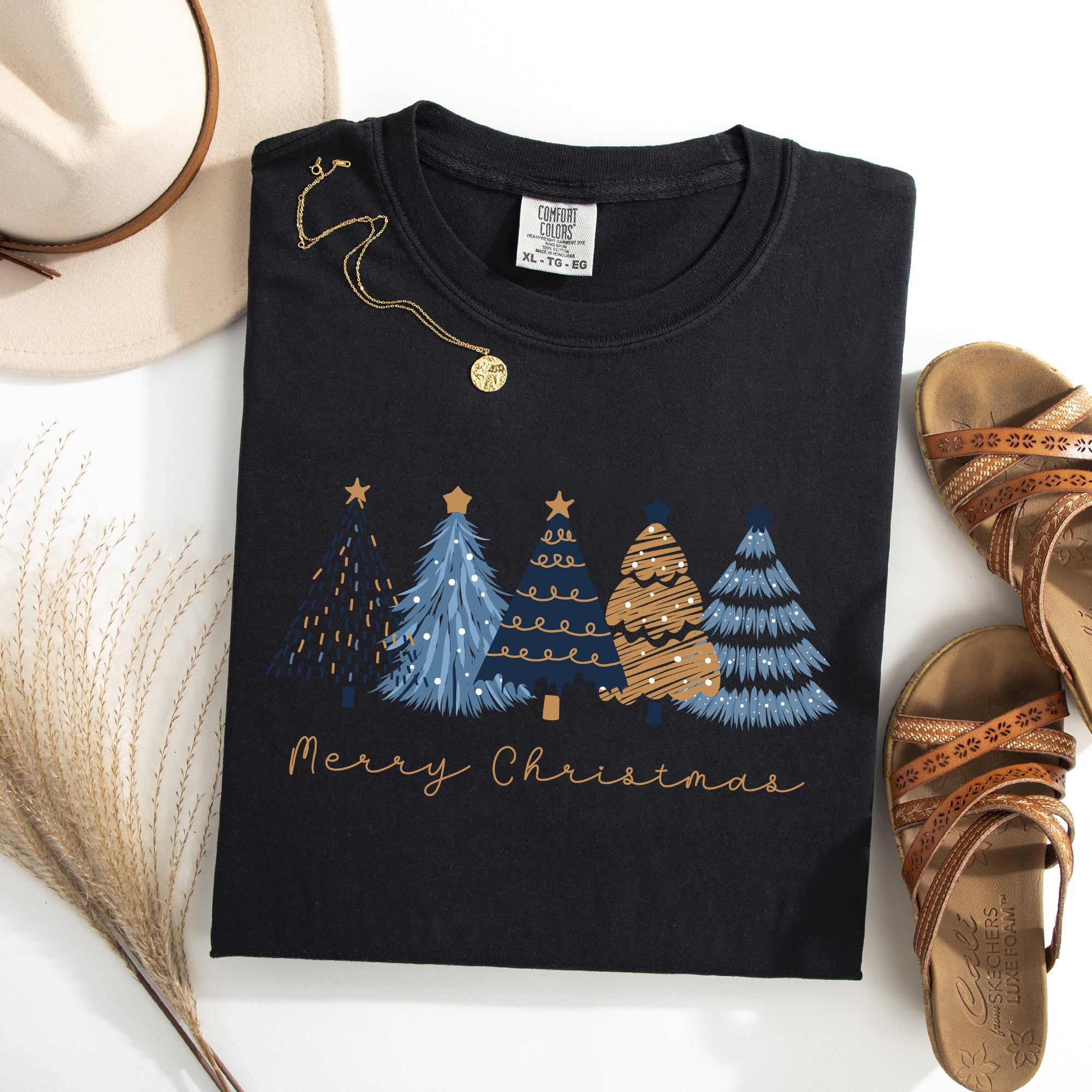 Merry Christmas Trees Winter Scene Gold Snow Santa Xmas Holiday Edition Comfort Colors Tee