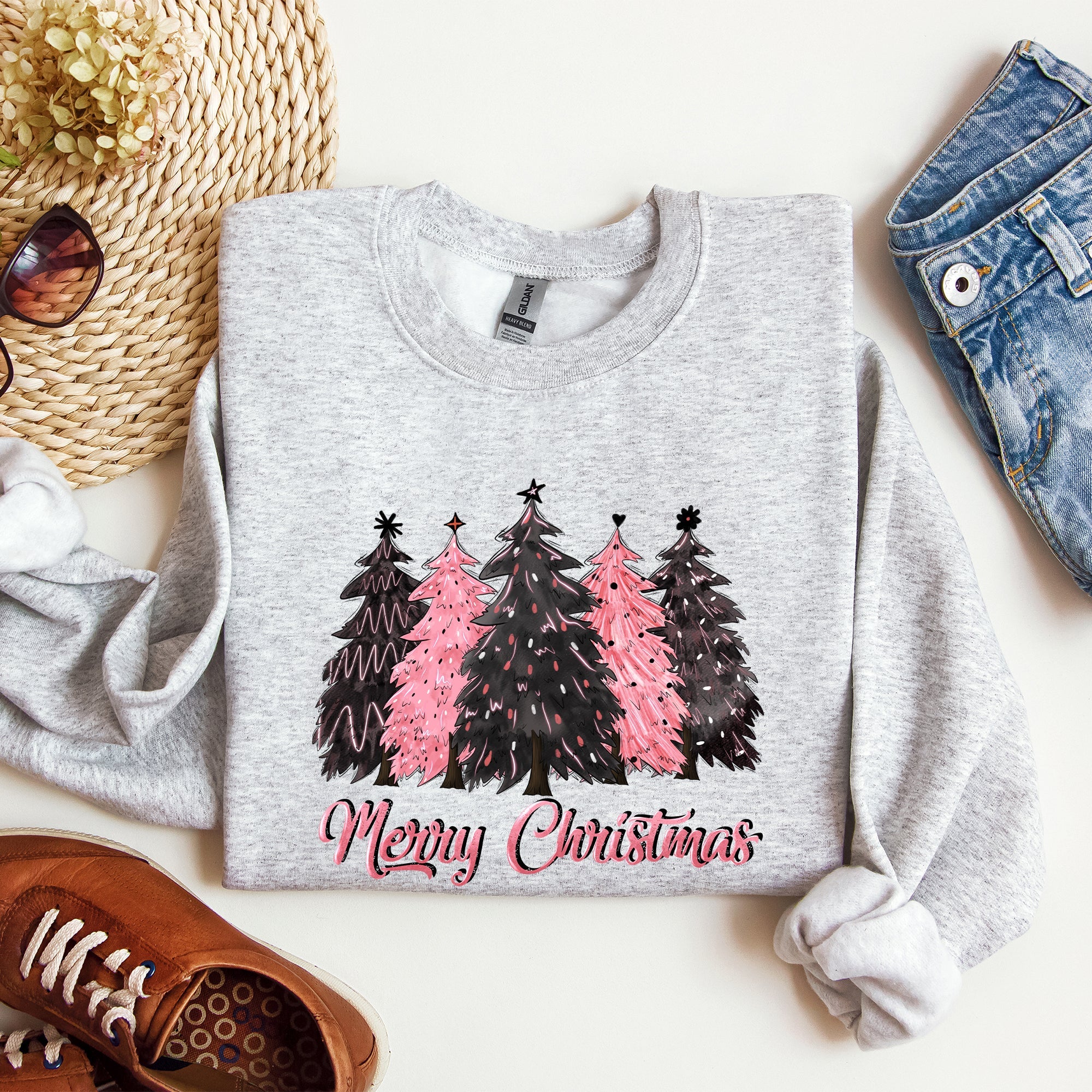 Merry Christmas Trees Winter Snow Santa Xmas Festive Holiday Family Cozy Scene Sweatshirt