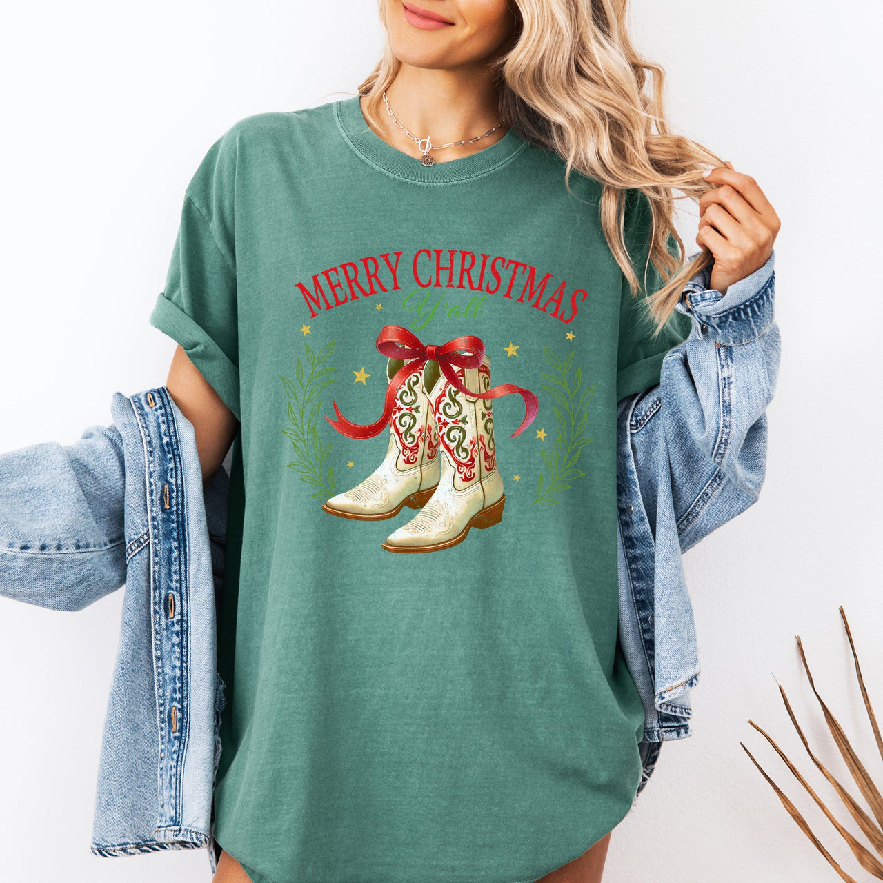 Merry Christmas Y'all Cowboy Boots Ribbon Country Western Snow Xmas Comfort Colors Tee