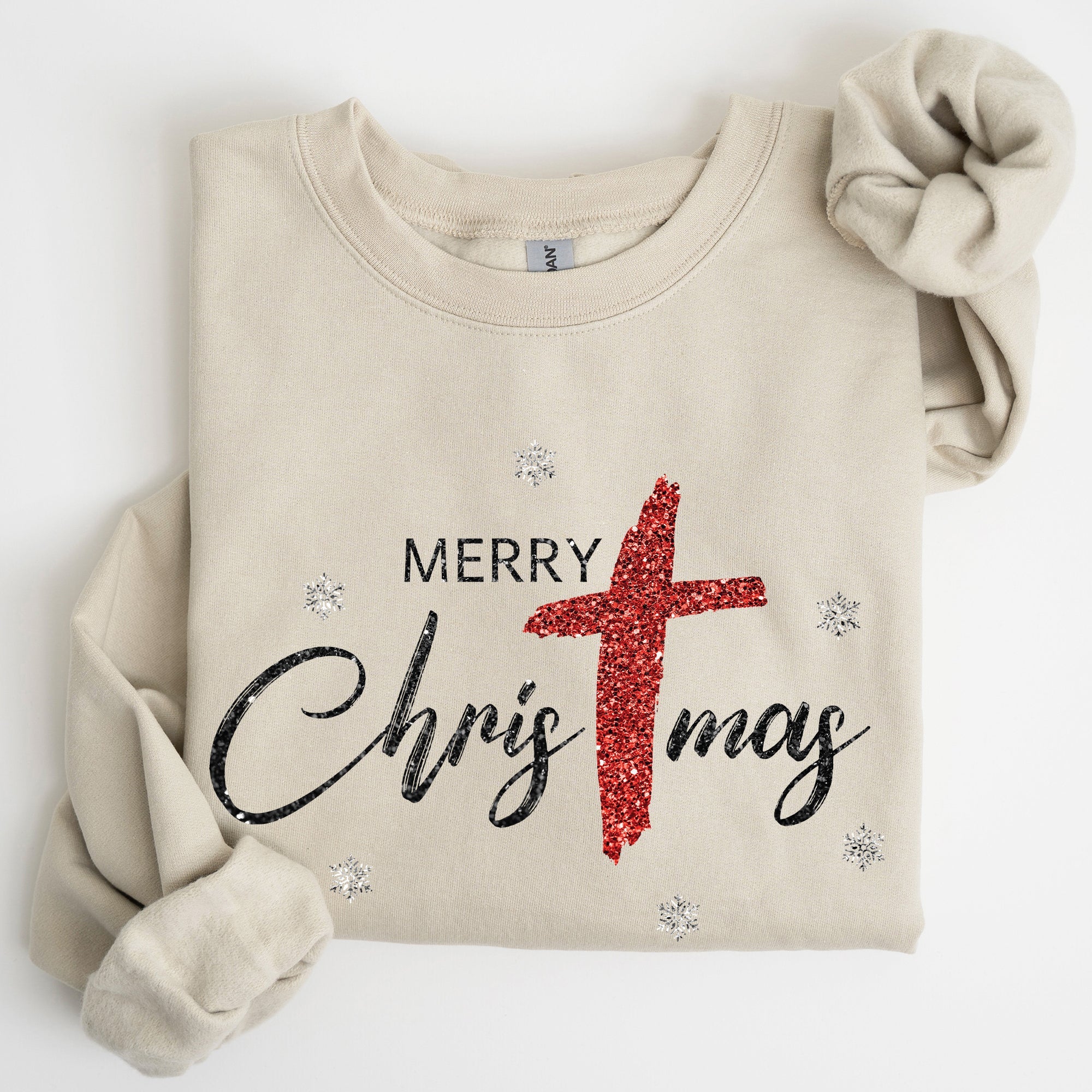 Merry Christmas Christ Faux Glitter Religious Gospel Faith Holiday Season Sweatshirt