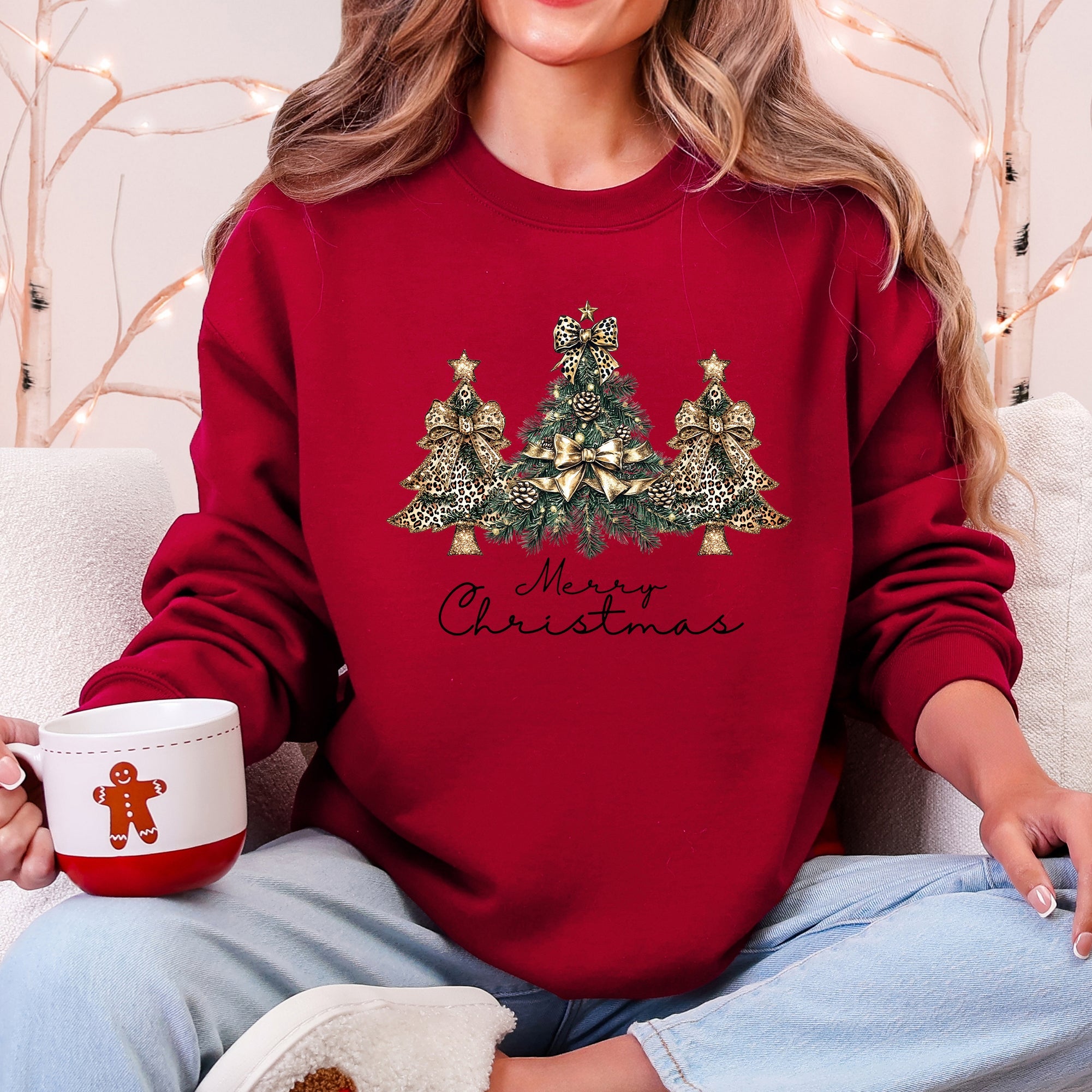 Merry Christmas, Christmas Trees, Ribbons, Bows Illustrated Design Pattern Sweatshirt