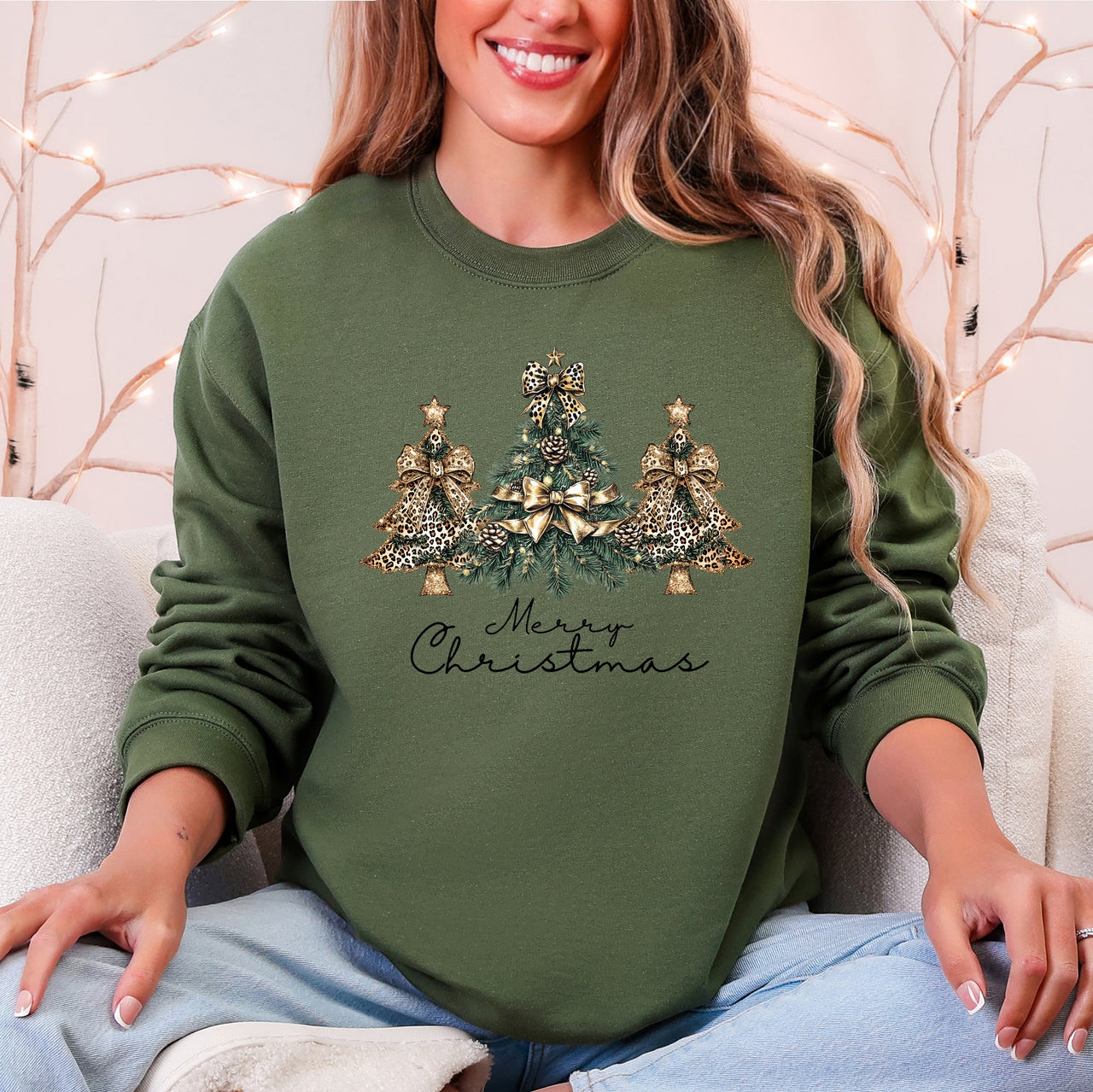 Merry Christmas, Christmas Trees, Ribbons, Bows Illustrated Design Pattern Sweatshirt
