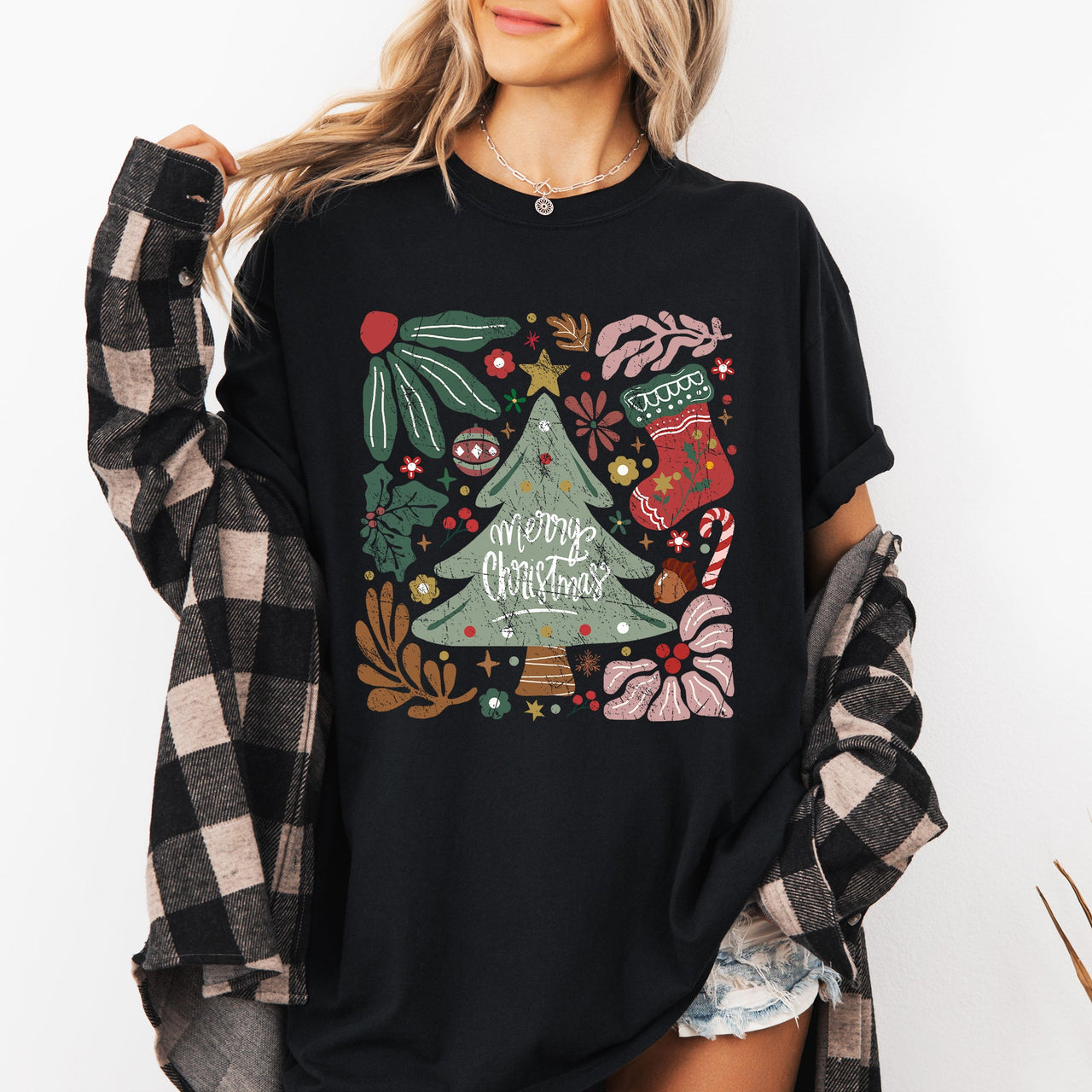 Merry Christmas Green Floral Flowers Winter Holiday Garden Motif Classic Keepsake Comfort Colors Tee