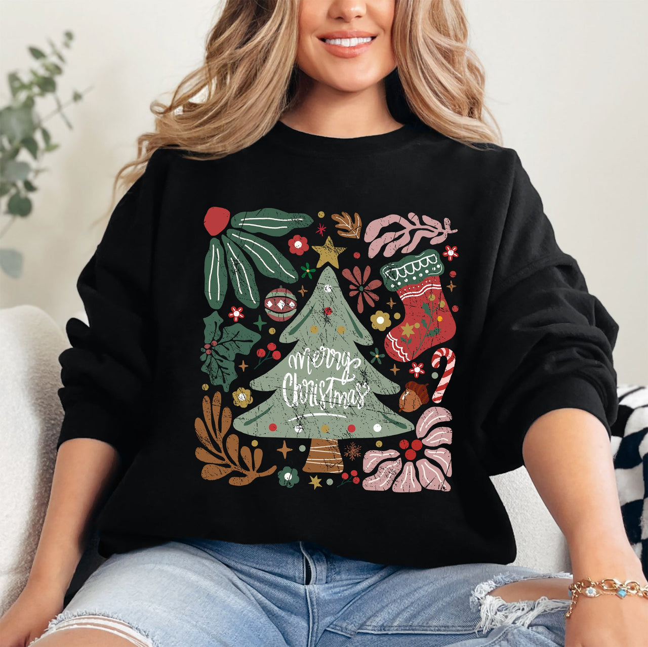 Merry Christmas Green Floral Pattern Emblazoned With Classic Holiday Flowers Sweatshirt