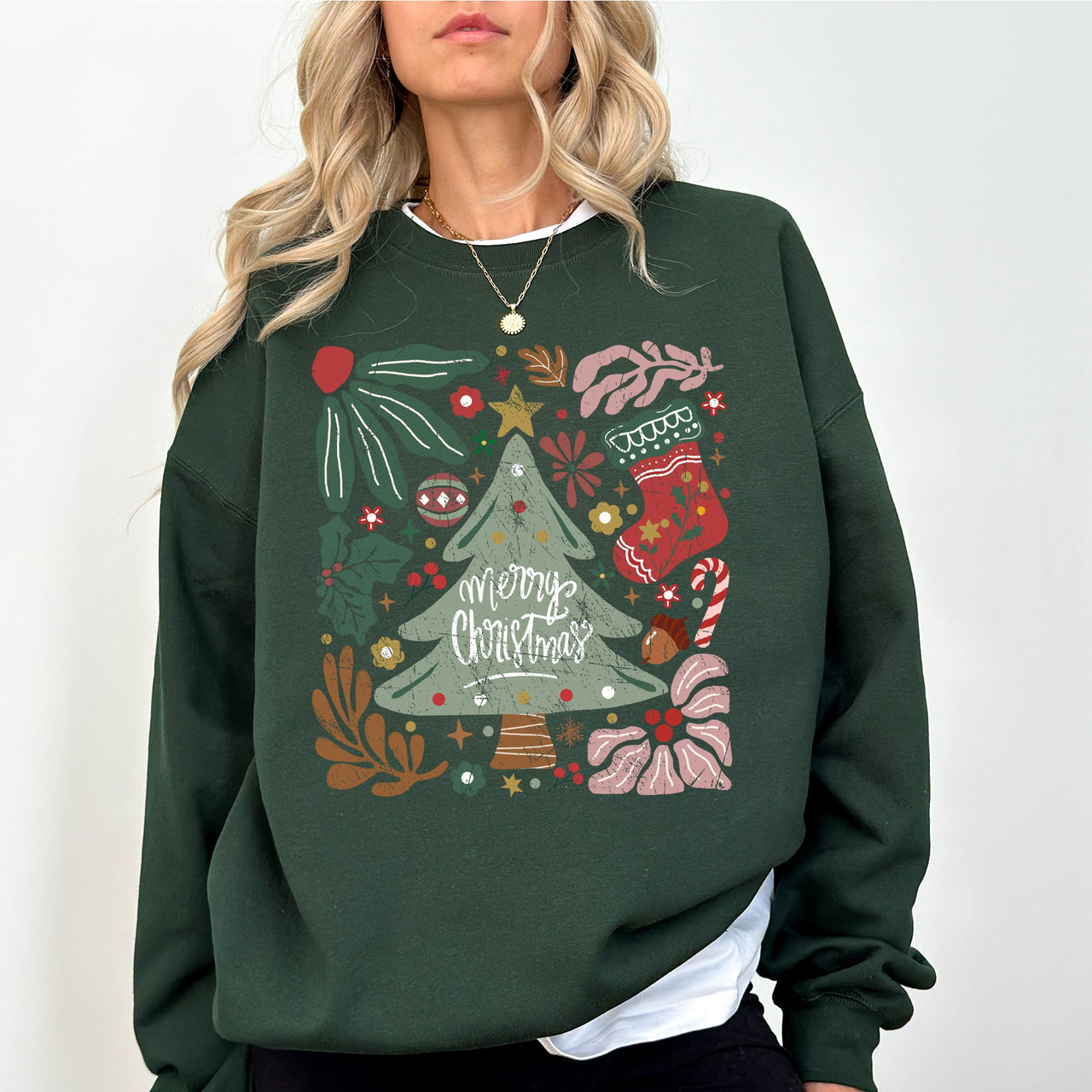 Merry Christmas Green Floral Pattern Emblazoned With Classic Holiday Flowers Sweatshirt