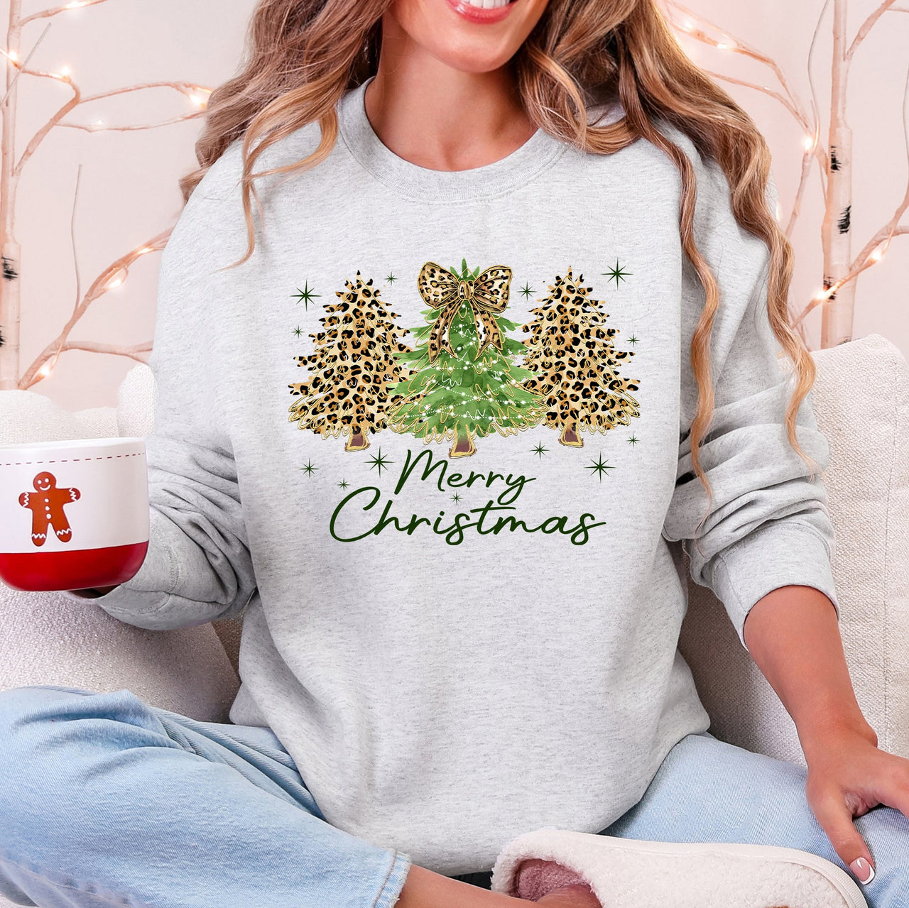 Merry Christmas Leopard Print Cheetah Christmas Trees Cozy Festive Holiday Sweatshirt