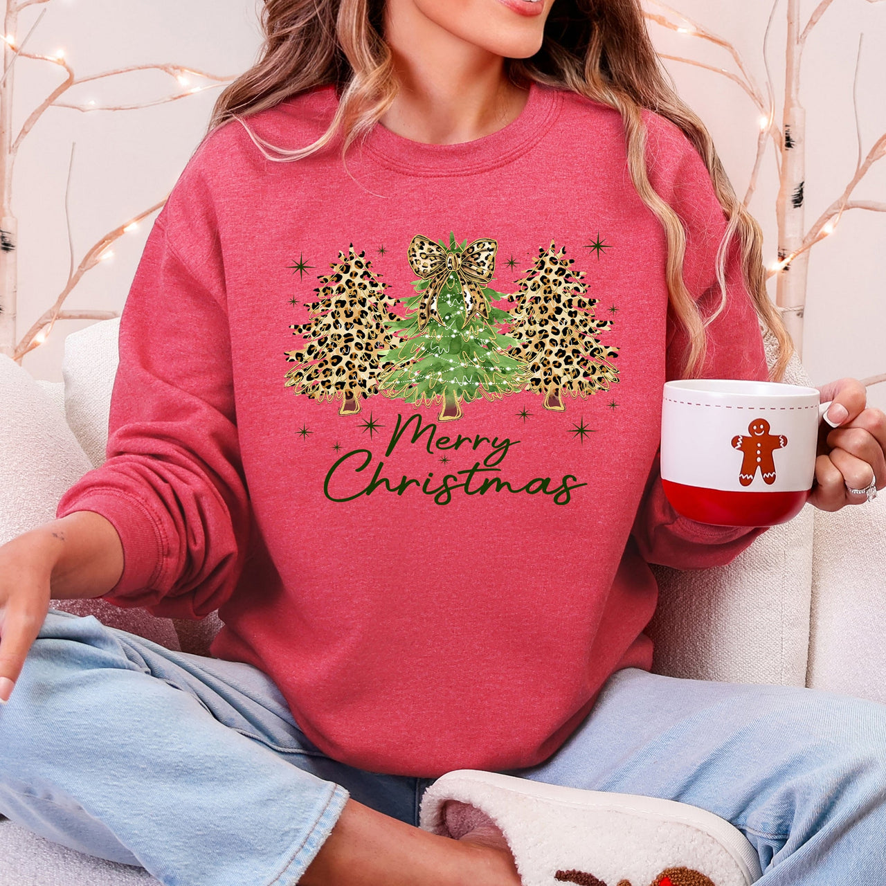 Merry Christmas Leopard Print Cheetah Christmas Trees Cozy Festive Holiday Sweatshirt