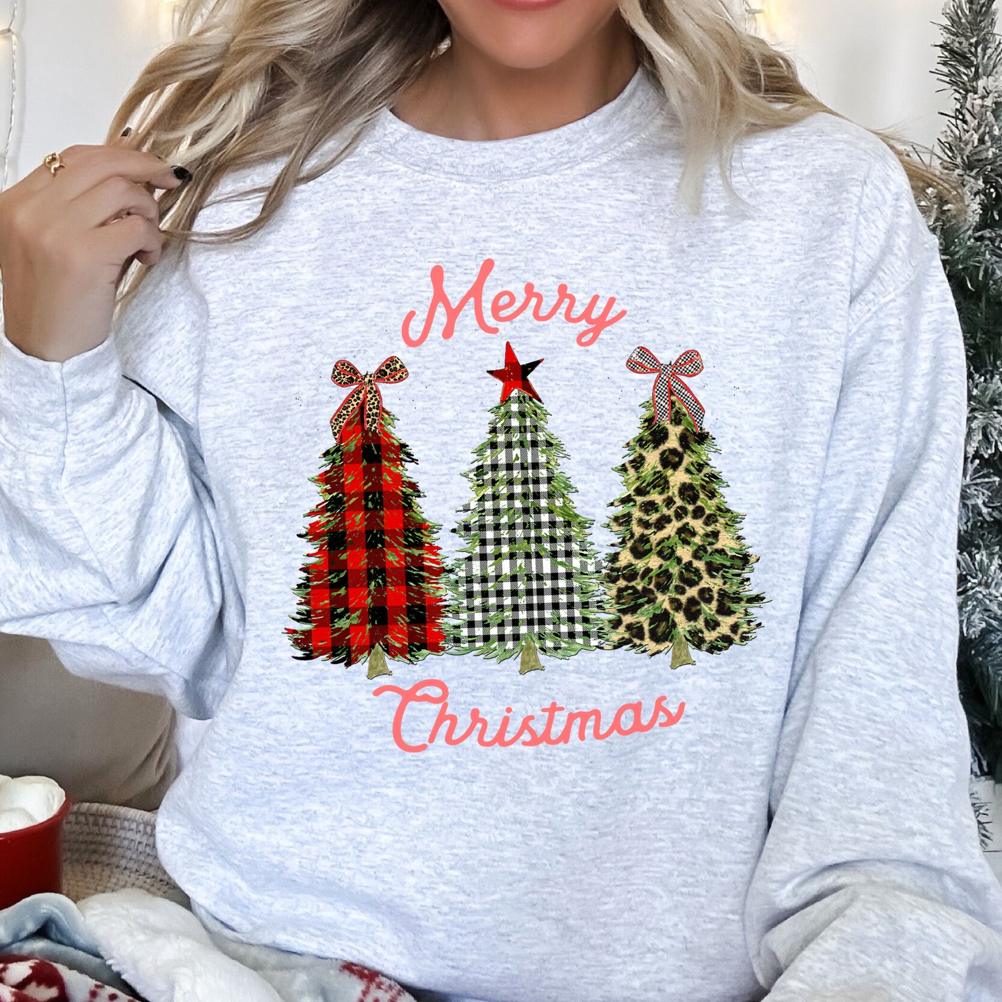 Merry Christmas, Leopard Print and Plaid Trees Seasonal Holiday Design Sweatshirt
