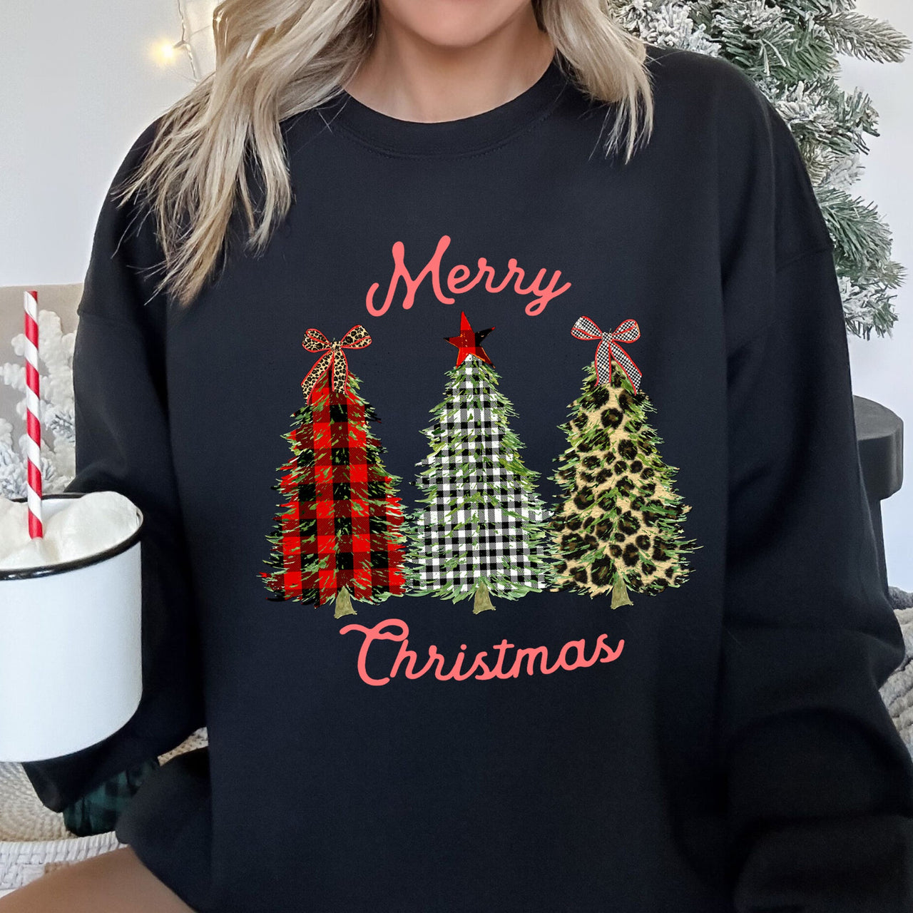 Merry Christmas, Leopard Print and Plaid Trees Seasonal Holiday Design Sweatshirt