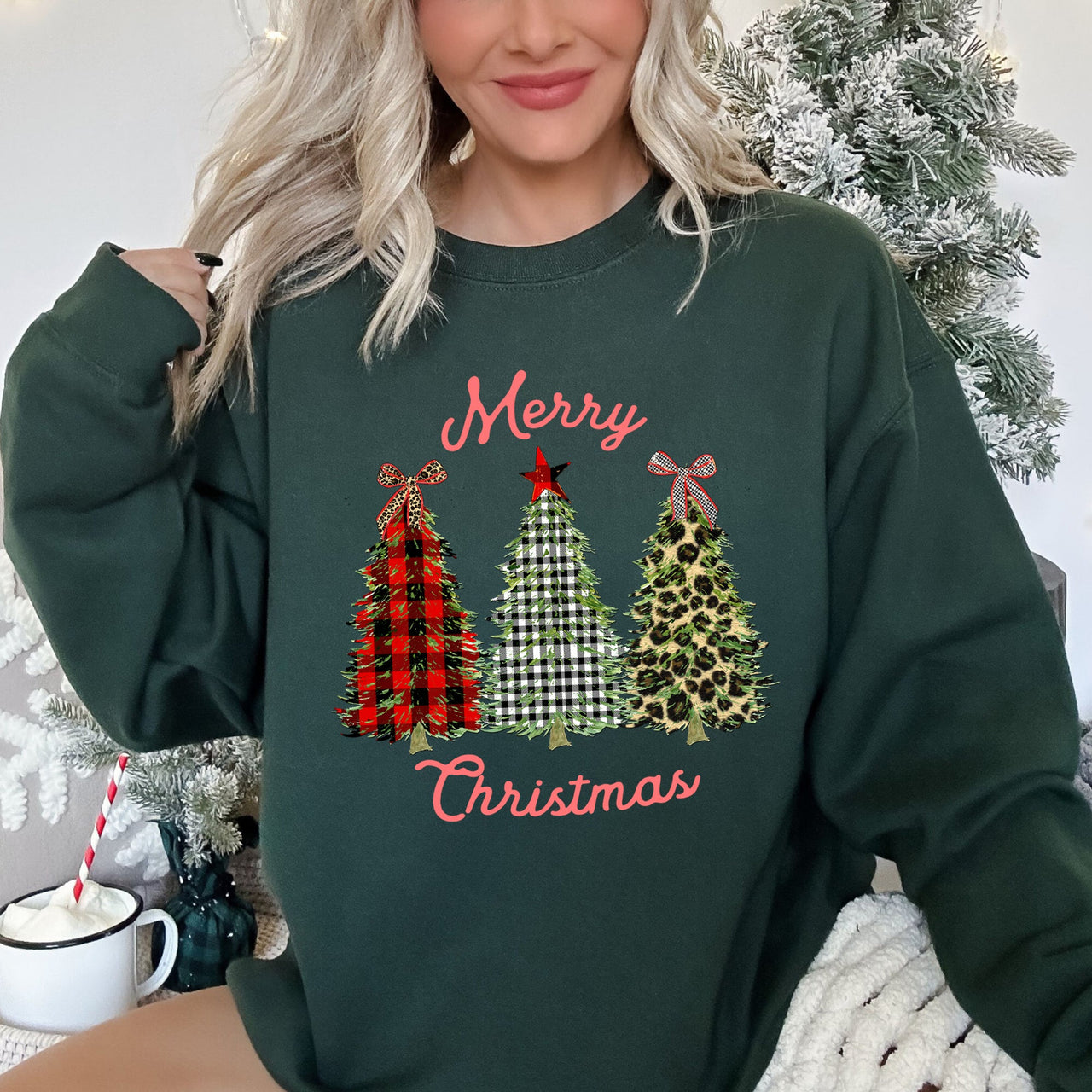 Merry Christmas, Leopard Print and Plaid Trees Seasonal Holiday Design Sweatshirt